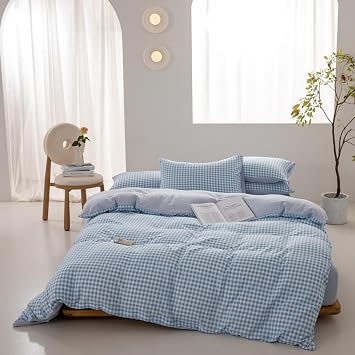 Soft Washed Cotton Bedding Set 3 Pcs, Queen Size Plaid Duvet Cover Set, Vintage Checkered Bedding Comforter Cover Set with Zipper Closure for All Seasons,Blue 1,King
