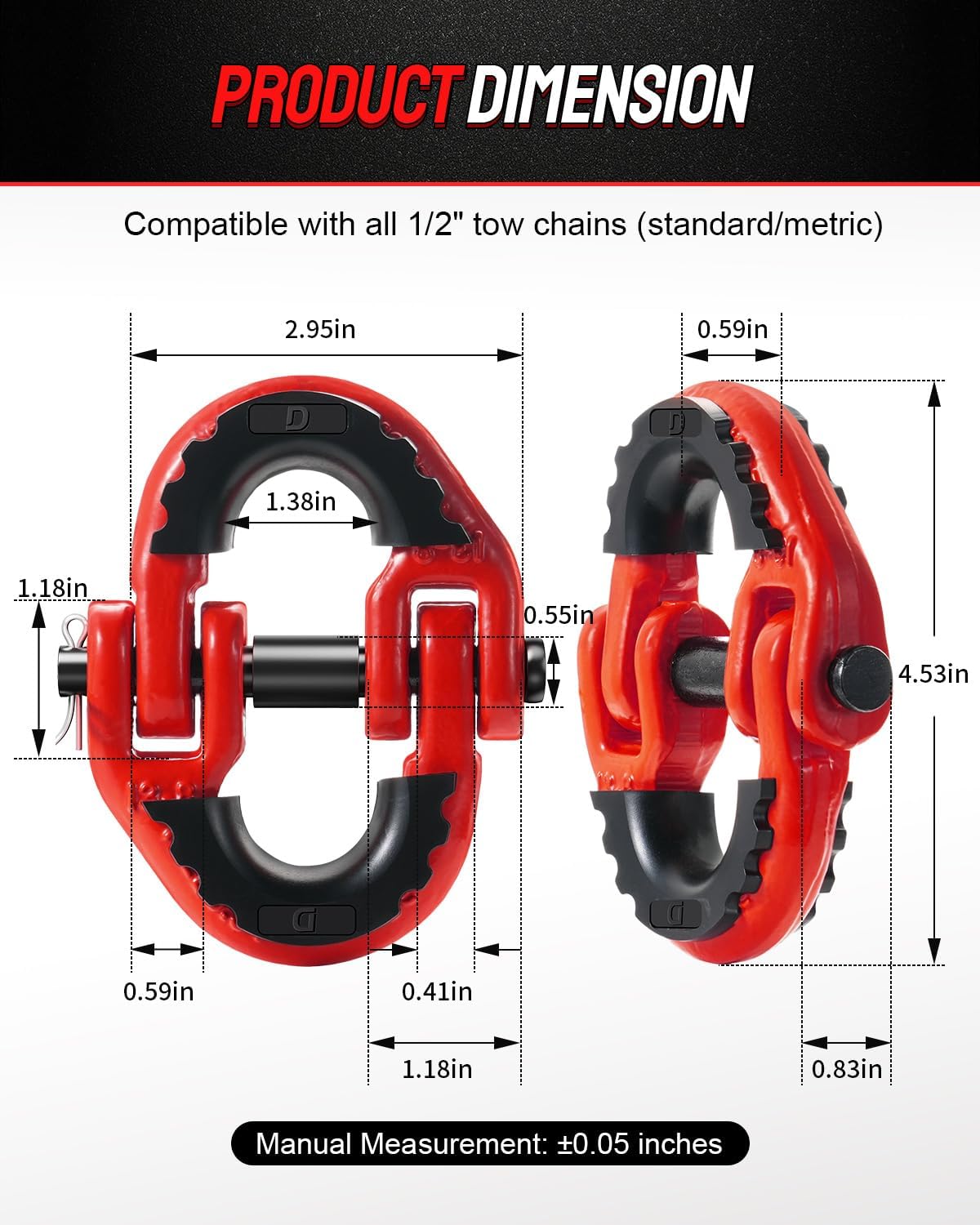 DAYDOOR 1/2" Trailer Safety Chain Hooks,G80 Safety Chain Shackle,12000 lbs Loading Tow Chain Connector, Tow Hitch Hammerlock Coupling Link with Rubber Isolators for Trucks,Trailers(2-Pack)(Red) - Image 4