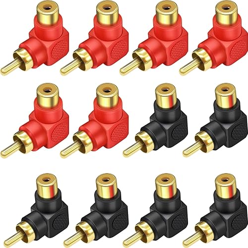 RCA Male to Female Connectors Right Angle 12-Pack, RCA M/F Adapters 90 Degree Elbow Gold-Plated (6 Black + 6 Red)