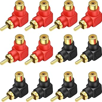 RCA Male to Female Connectors Right Angle 12-Pack, RCA M/F Adapters 90 Degree Elbow Gold-Plated 6 Black + 6 Red