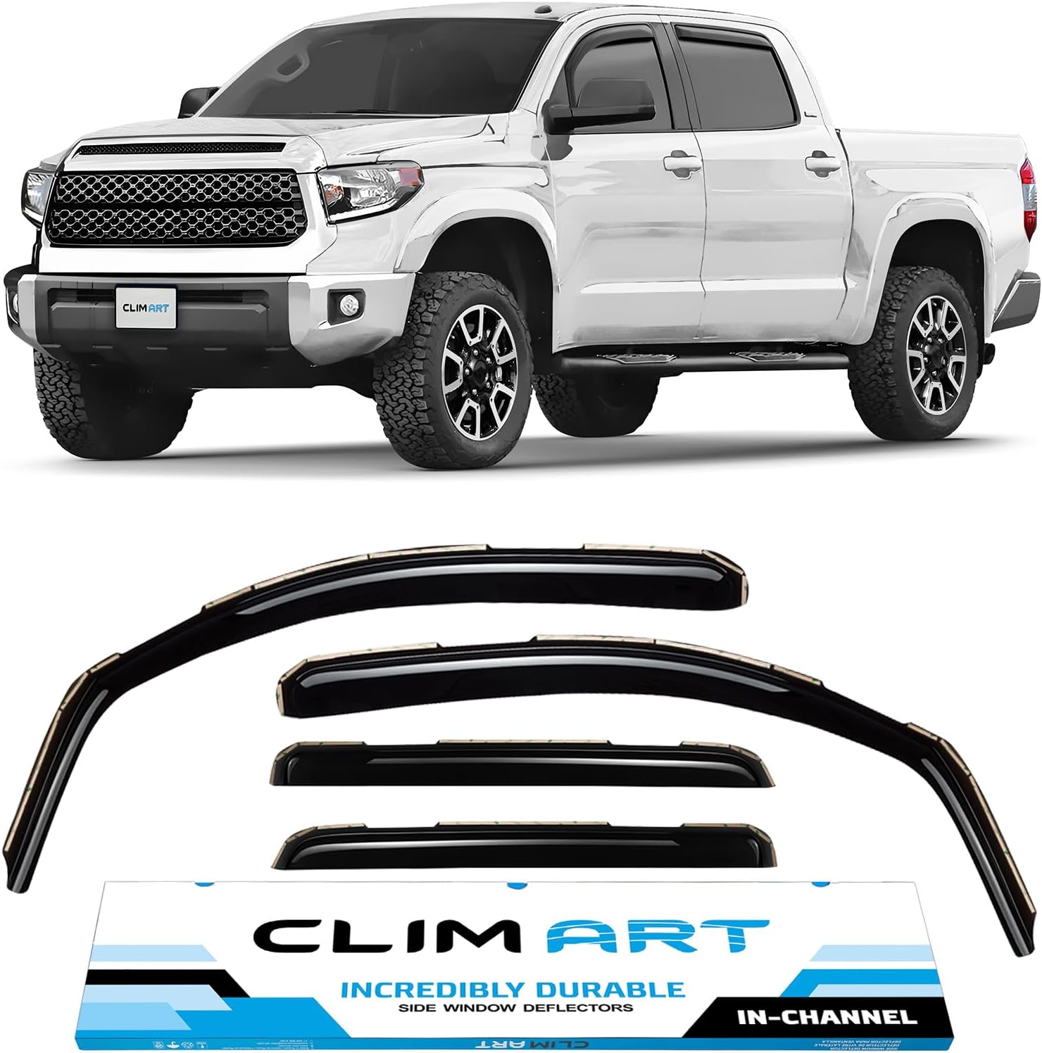 CLIM ART in-Channel Incredibly Durable Rain Guards for Toyota Tundra 2007-2021 CrewMax, Original Window Deflectors, Vent Deflector, Vent Window Visors, Dark Smoke Truck Accessories, 4 pcs- 607066
