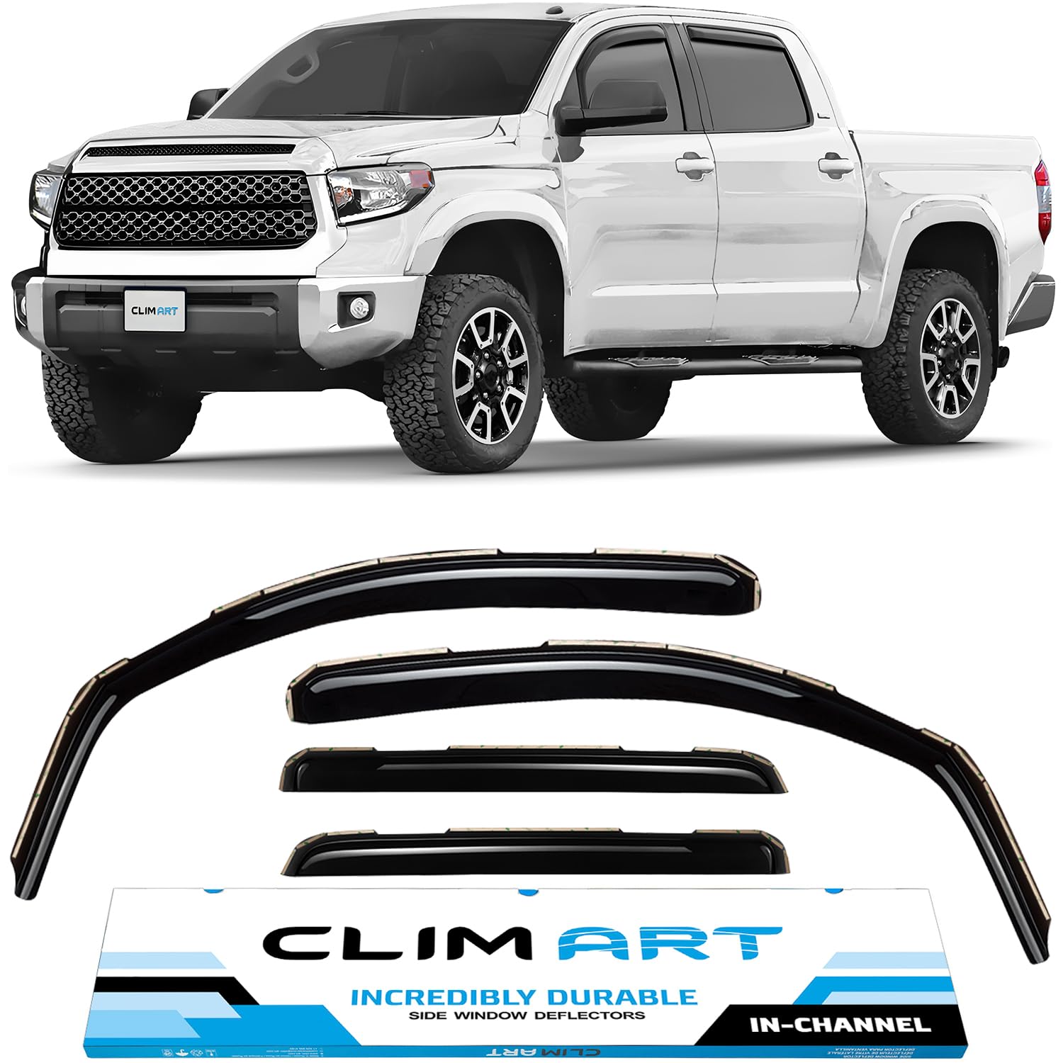 CLIM ART in-Channel Incredibly Durable Rain Guards for Toyota Tundra 2007-2021 CrewMax, Original Window Deflectors, Vent Deflector, Vent Window Visors, Dark Smoke Truck Accessories, 4 pcs- 607066