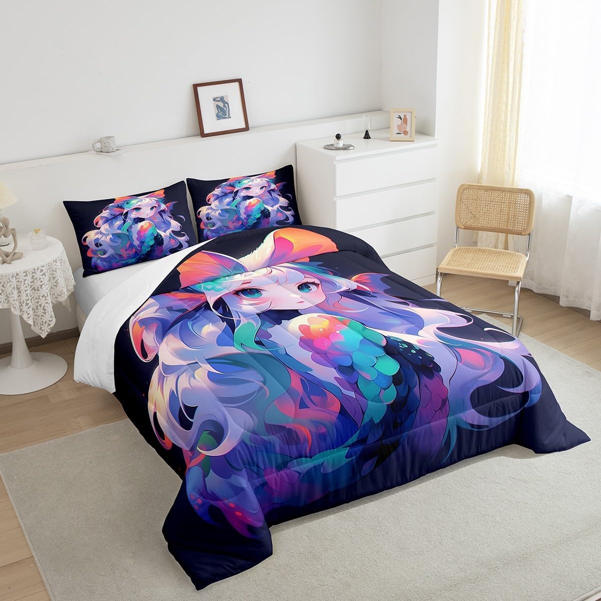 Erosebridal Anime Comforter Set Japanese Girl Bedding Comforter Sets 3D Cartoon Printed Bedding Queen for Kids Girls Anime Gifts Quilt with 2 Pillow Cases