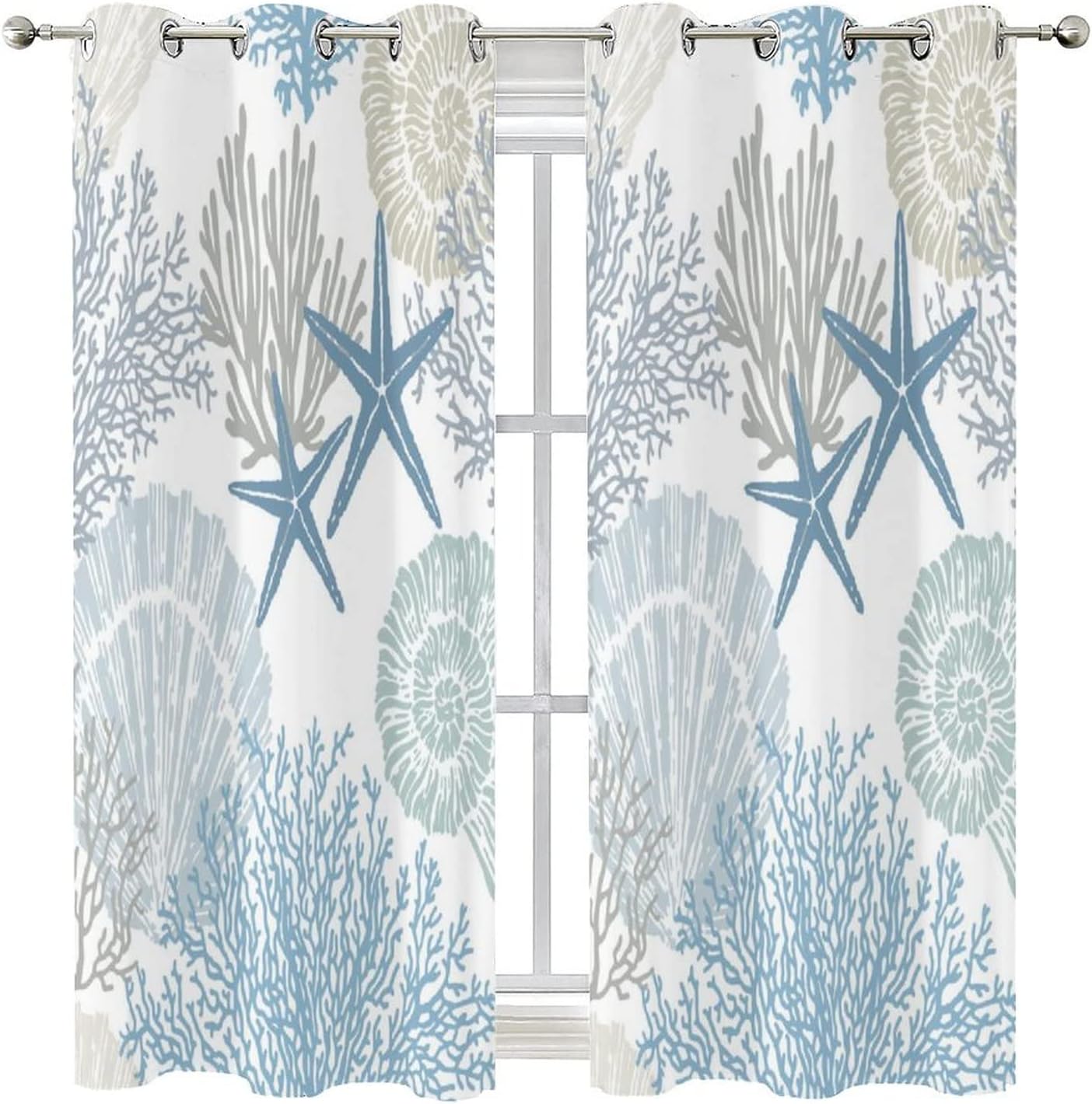 Coastal Ocean Window Curtains Grommet Drapes Nautical Tropical Beach Sea Shells Satrfish Themed,Grommet Blackout Curtain for Living Room, Bedroom 2 Panel 42x45 Inch