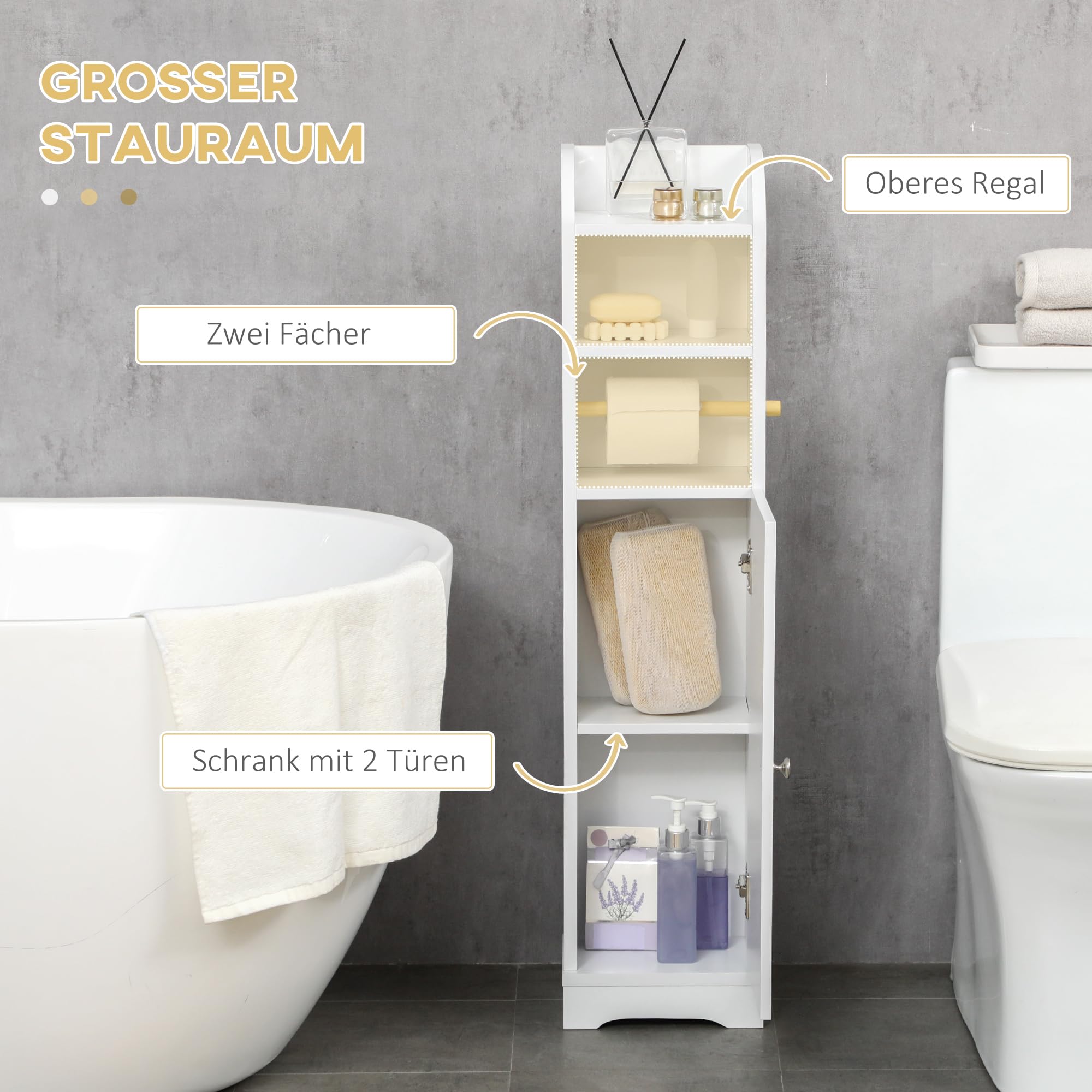 kleankin Badezimmerschrank Badschrank mit 2 Offenen Ebenen, Schrankfach, Eckschrank mit Toilettenpapierhalter, Toilettenschrank für Bad, Weiß, 23 x 18 x 100 cm