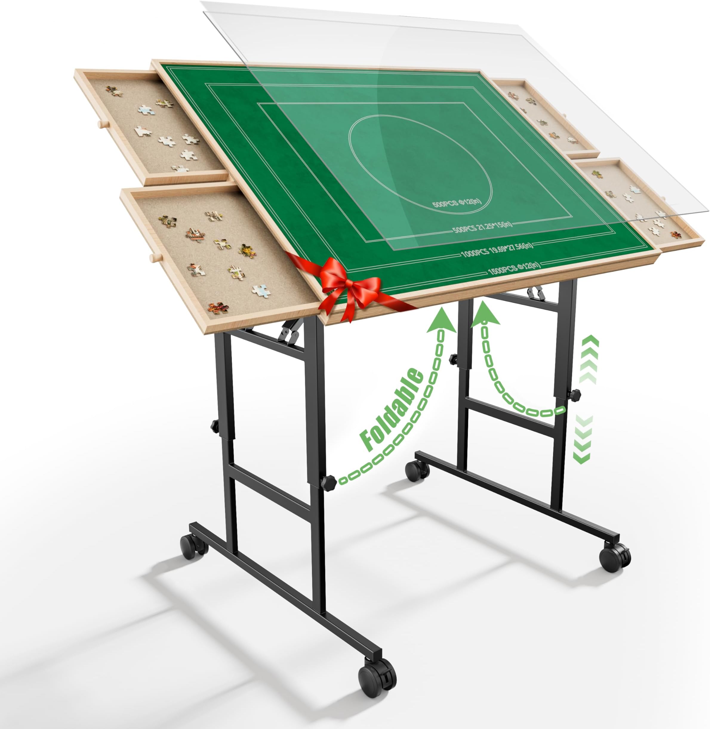 Puzzle Table with Drawers for Adults - Jigsaw Puzzle Table with 1500 Piece Puzzle Board, Adjustable 5-Tilting-Angle Board with Cover, Portable Puzzle Table with Foldable Legs, Present for Puzzle Lover