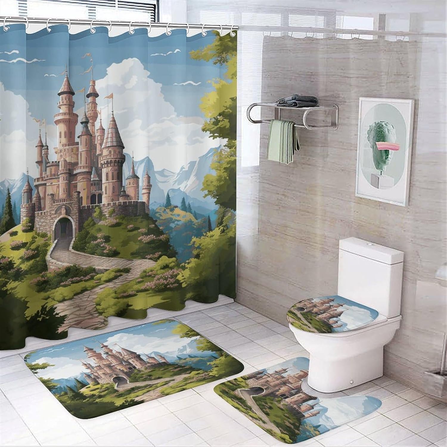 Fairy Tale Castle 4Pcs Shower Curtain Set with Non-Slip Rugs, Toilet Lid Cover and Bath Mat,Bathroom Set Decor Accessories,Curtain Set with 12 Hooks, 72 X 72 Inch
