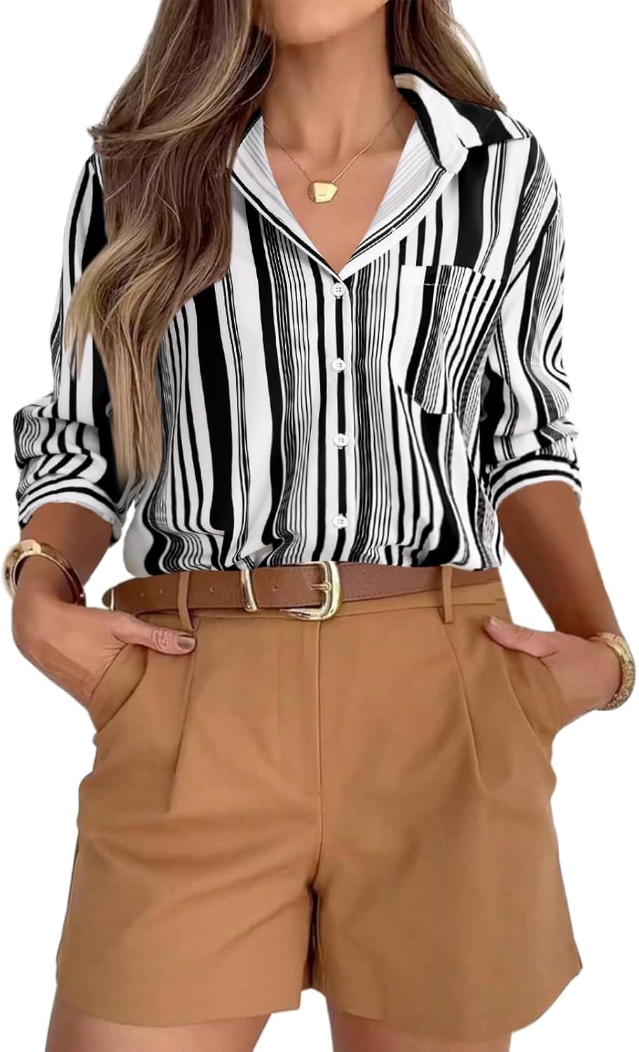 LYANER Women’s Striped Button Down Shirt Collared Long Sleeve Blouse Top