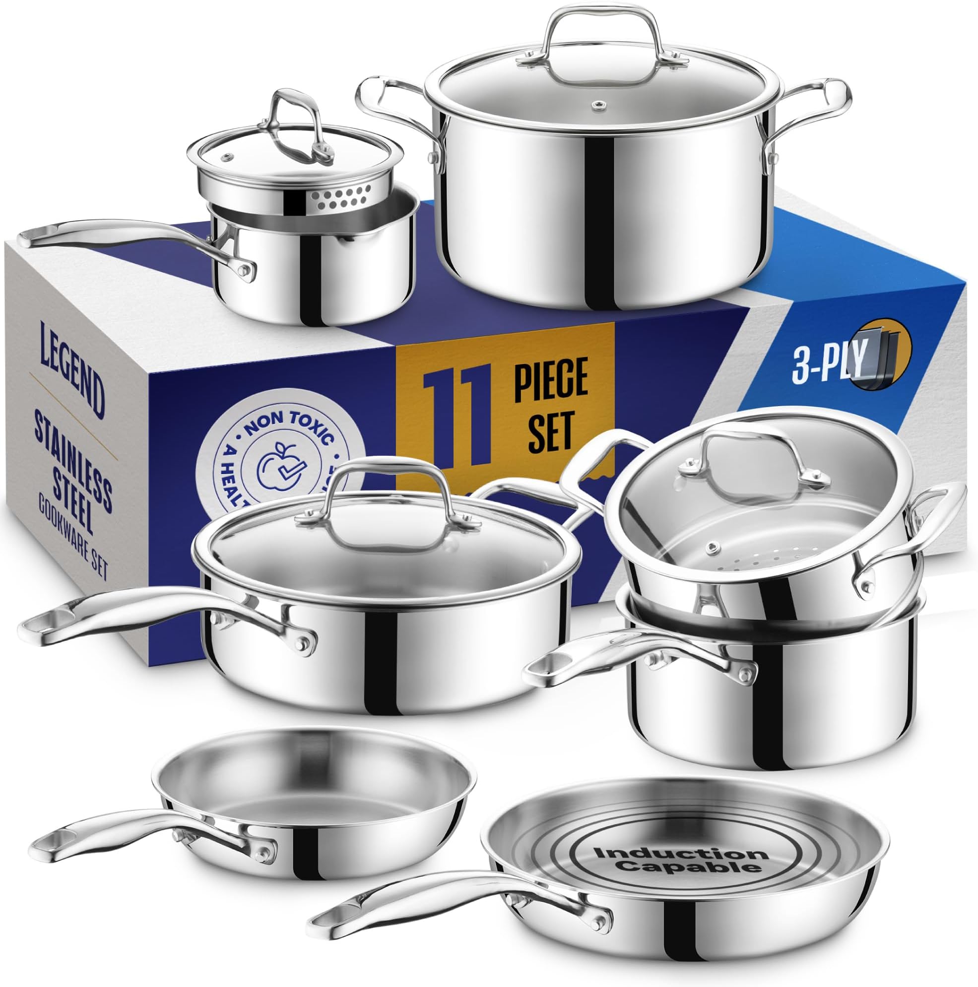 LEGEND COOKWARE3 Ply Stainless Steel Pots and Pans Set | 11-Piece w/Glass Lids, Non-Toxic, Induction, Oven Safe | Best 18/8 Full Clad, Premium Kitchen Cooking, Chef Quality | PFOA, PTFE & PFOS Free