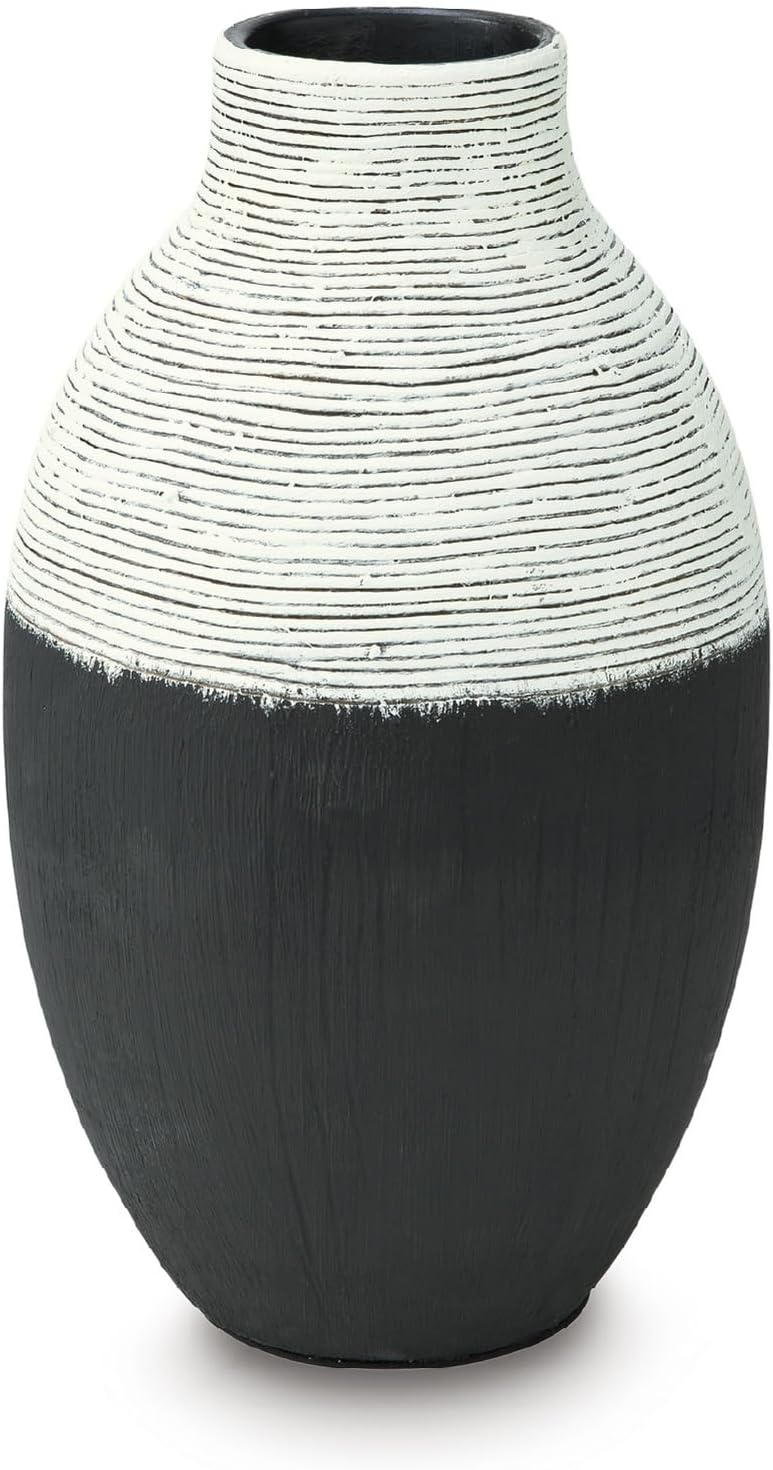 Signature Design by Ashley Tall Large Decorative Vase, Black and White | Heavy 6 lb polyresin construction, Distressed rustic texture and oval shape for non-watertight dry styling, Girtha Series