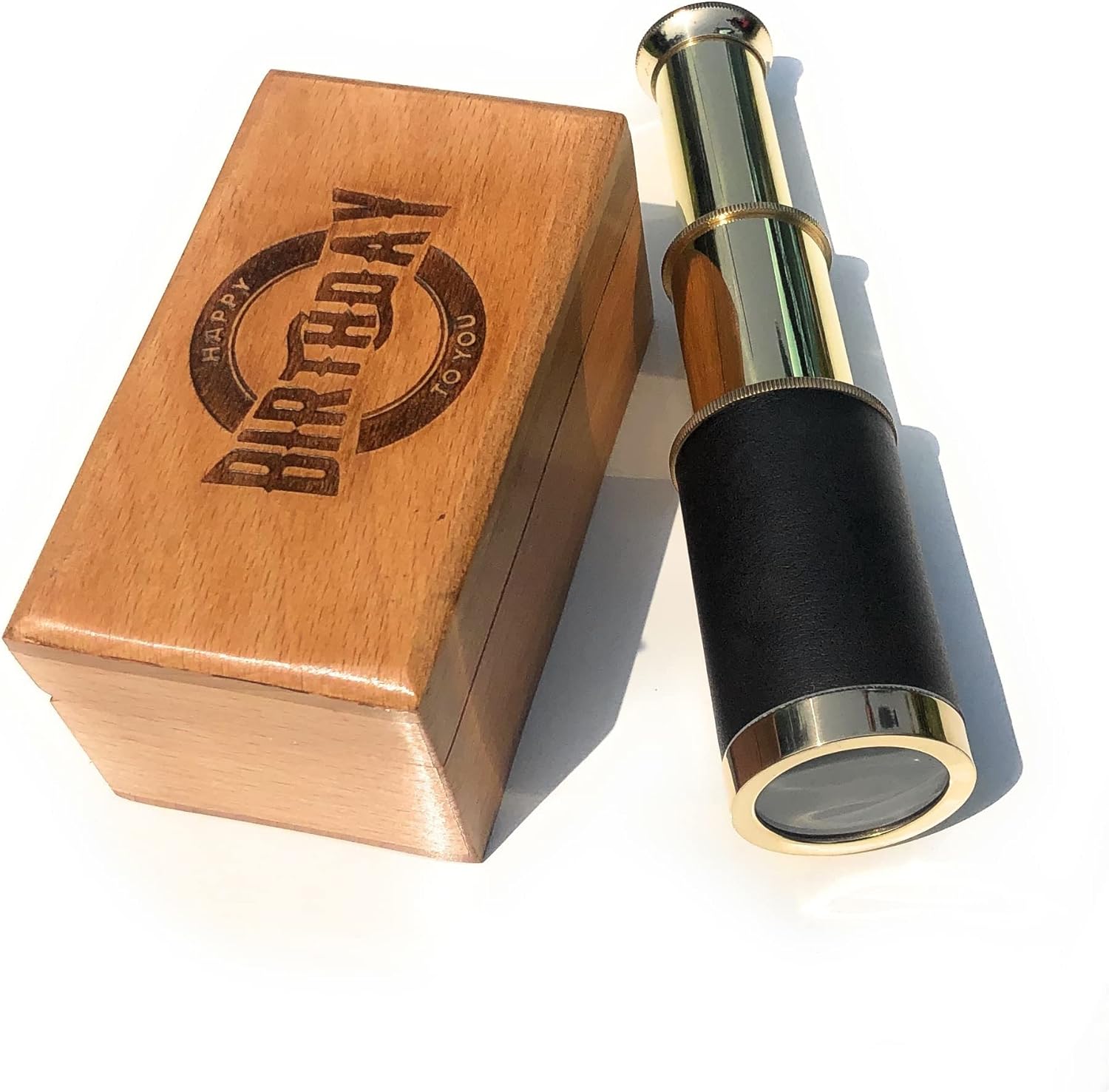 Brass Pirate Spyglass Telescope Sailor's Maritime Magnification Telescope w/Happy Birthday Engraved Wooden Box Handheld Functional Collapsible Nautical Décor