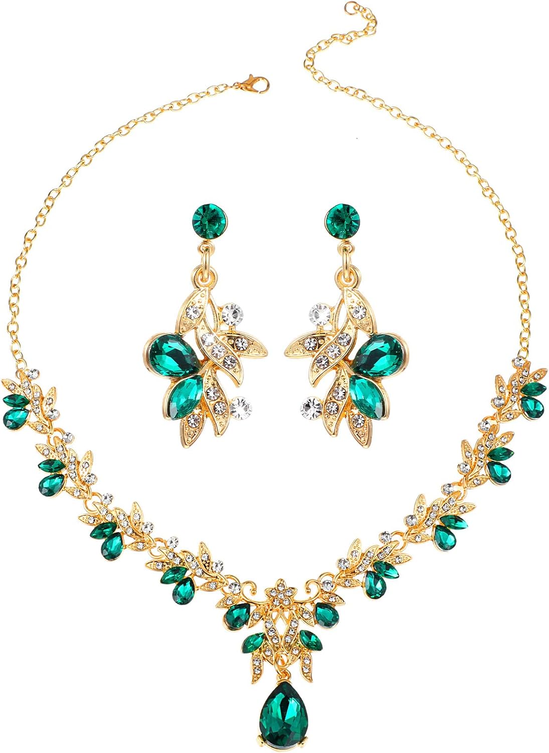 Wedding Jewelry Sets for Women Rhinestones Green Jewelry Sets for Women Luxurious Bridesmaids Bridal Necklaces Earrings, Elegant Accessories for Ball and Dinner Dresses