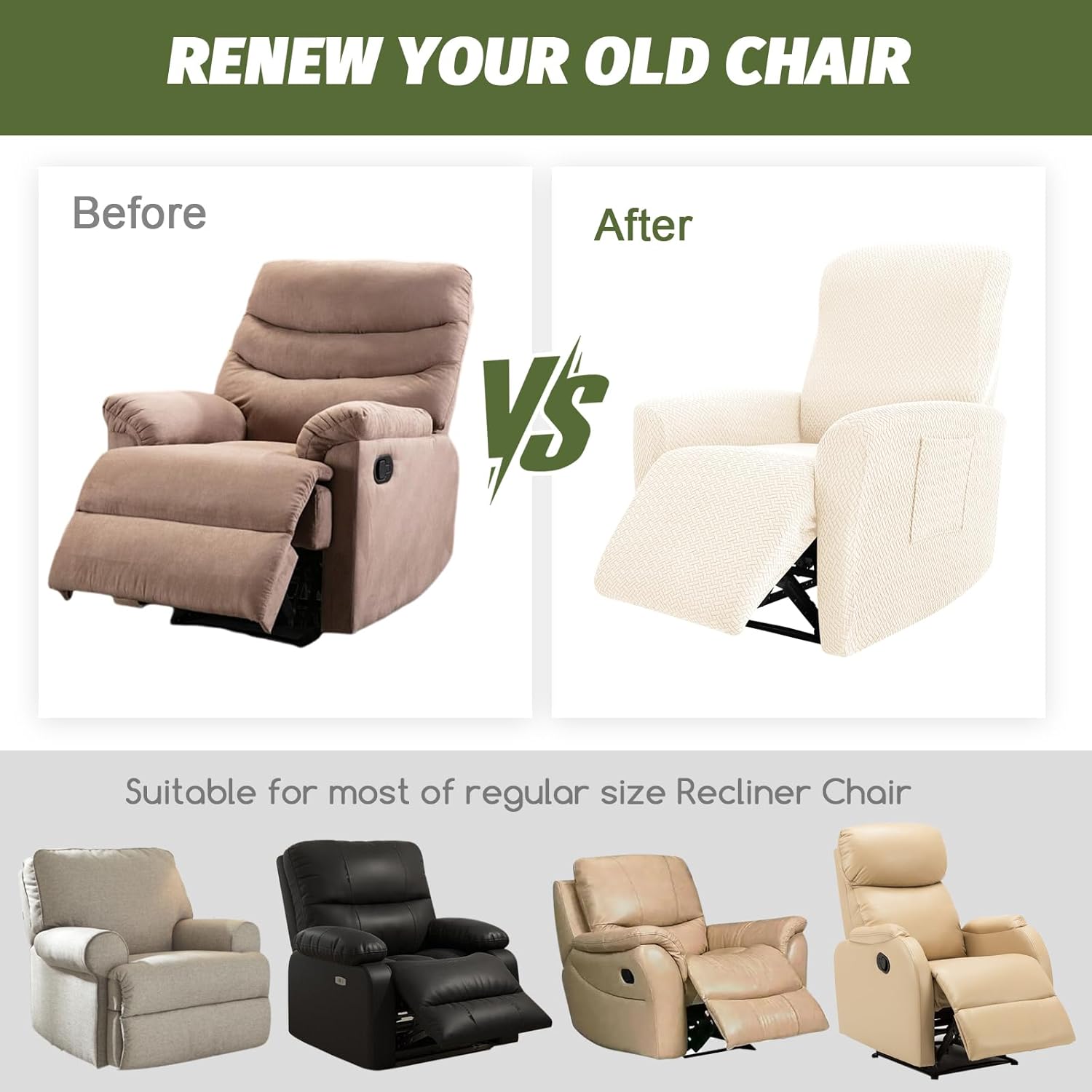 FUANGUI Recliner Chair Covers 4-Pieces Small Recliner Cover for Recliner Chair, Non Slip Covers Washable Lazy Boy Recliner Slipcovers/Furniture Protector for Kids, Dog, Living Room, 02