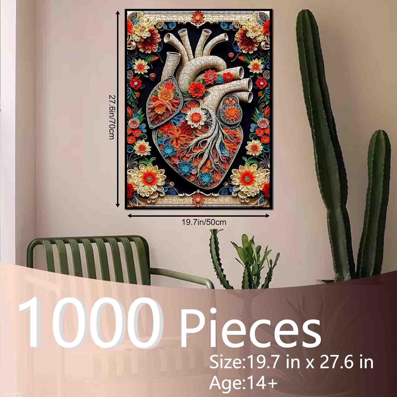 Heart Human Organs Jigsaw Puzzles 1000 Pieces for Adults Organs Anatomy Flower Plants Entertainment Toys Birthday Party Toy for Men Women Wall Decor 19.7 x 27.6 Inch