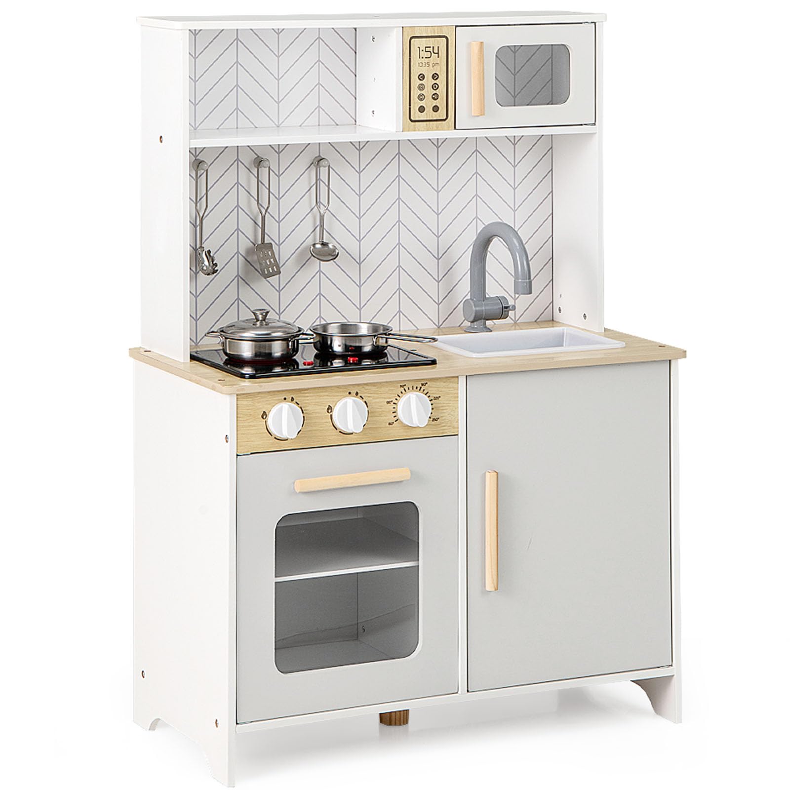 GYMAX Kids Play Kitchen, Wooden Toy Kitchen with Lights, Sounds, Oven, Microwave, Sink and Utensils, Children Cooking Role Playset for 3+ Years Old (White)