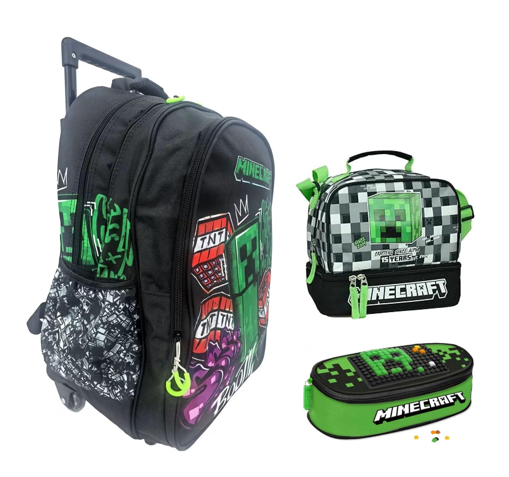 Trolley Zaino Scuola compatibile con Minecraft Tondo 3 Scomparti zip per bambini primaria media + astuccio ovale zip + Borsa termica Snack Bag 21 cm per il pranzo merenda