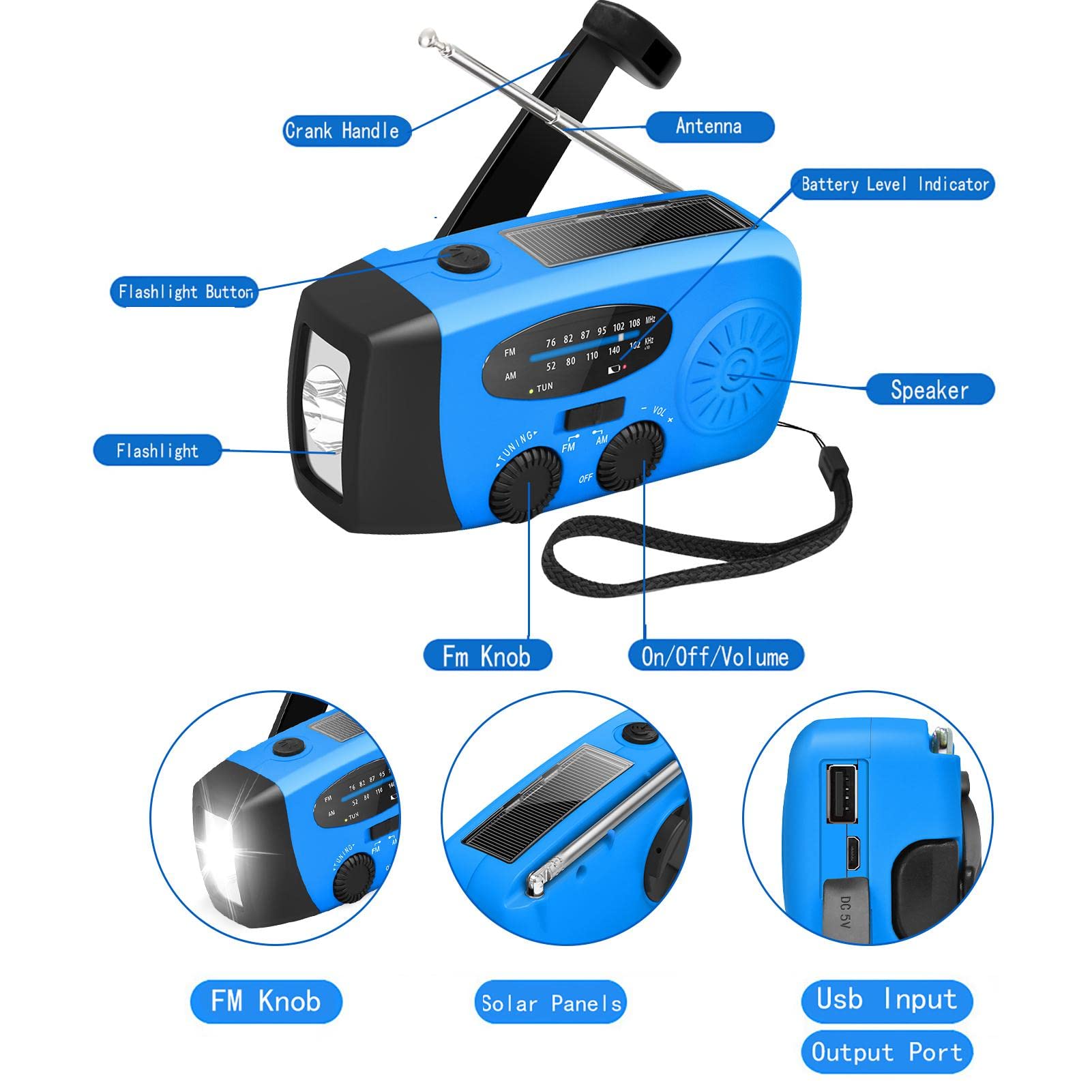 Radio meteorologica di emergenza solare a manovella AM/FM con batteria 2000 mAh e torcia LED