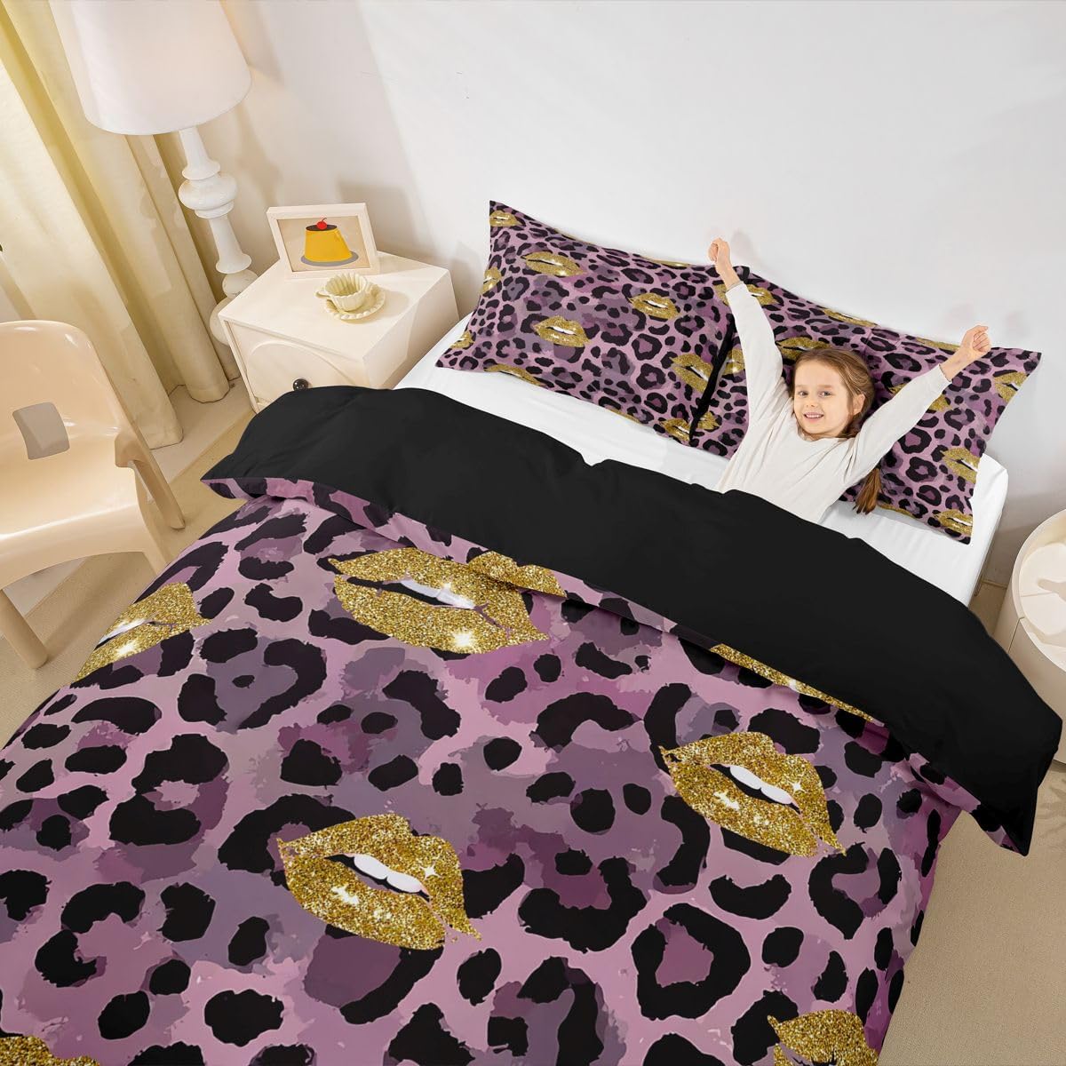 Erosebridal Sexy Golden Lips Duvet Cover Full,Purple Black Cheetah Leopard Print Comforter Cover for Teens Adult,Glitter 3D Mouth Print Bedding,Grunge Tie Dyed Bedspread Cover with 2 Pillow Cases