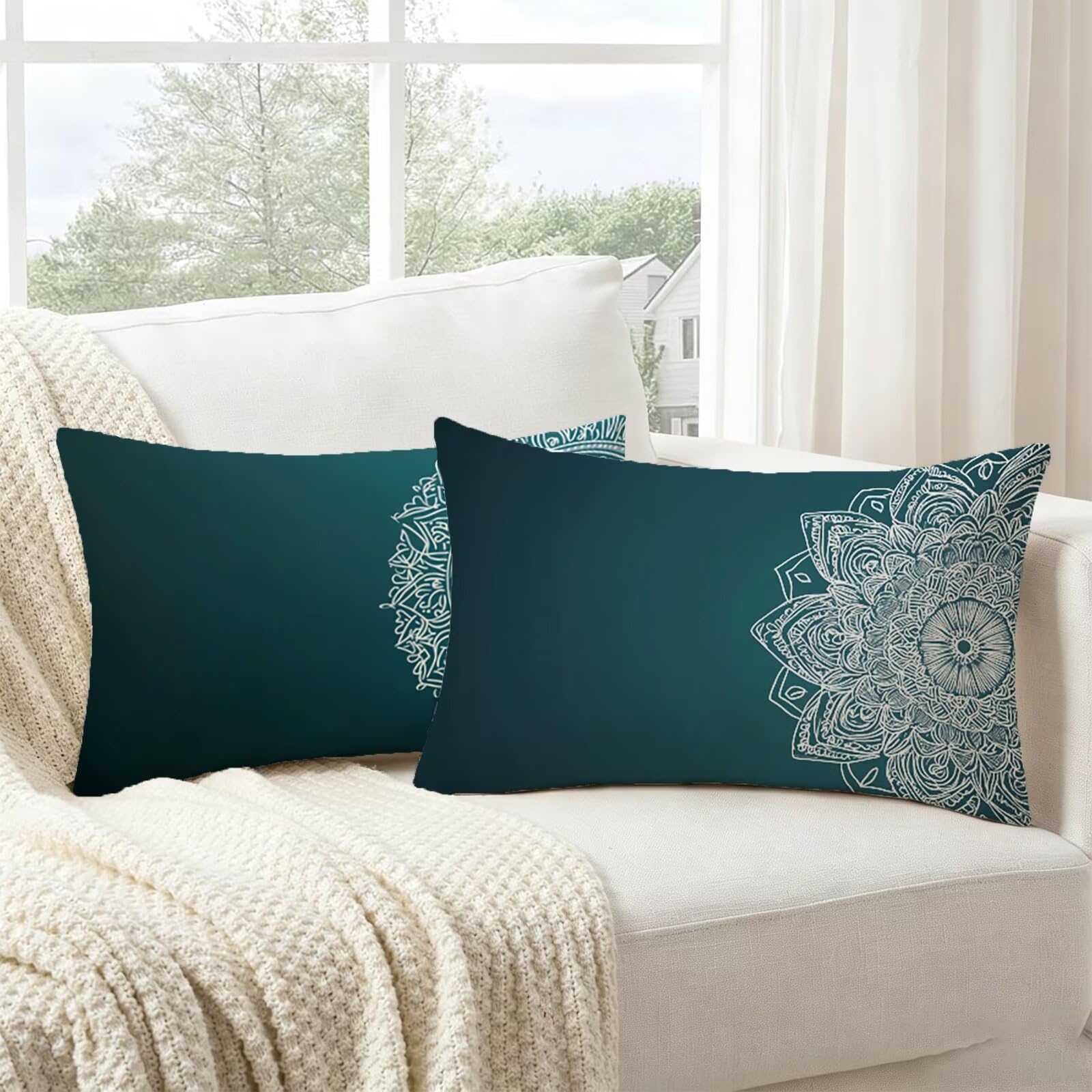Coussin extérieur imperméable bleu housse lin 40x70 lot de 2 taie oreiller canapé jardin salon
