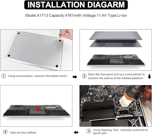 Miniatura 4 de Batería de repuesto para laptop A1708 A1713 para MacBook Pro de 13 pulgadas A1708 (finales de 2016, mediados de 2017, mediados de 2019, 2020),