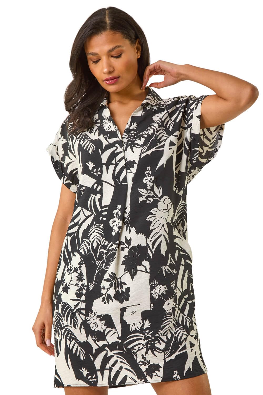 Roman Palm Print Cocoon Dress - Black - V Neck - Knee-Length - Short Sleeve