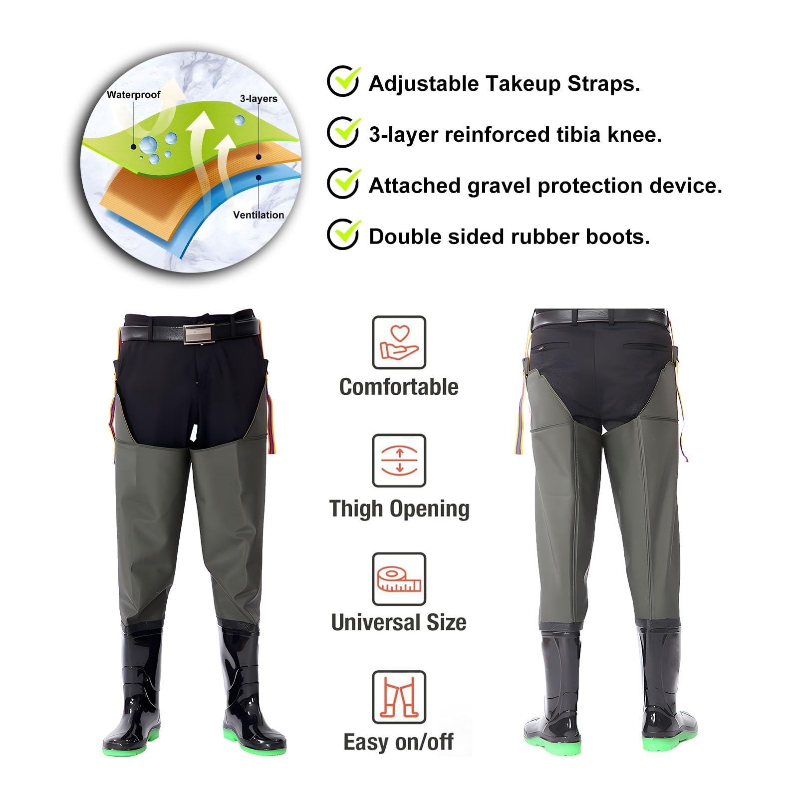 Stivali di Gomma Impermeabili per trampolieri dell Pantaloni da Pesca in Nylon a 2 Strati, Resistenti e Non Facilmente deformabili, for la Caccia, Le paludi e i Laghi(10)