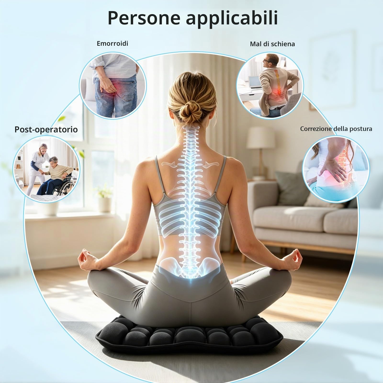 Cuscino Antidecubito 45x40CM, Cuscino Ortopedico Ergonomico Gonfiabile, Cuscino Ergonomico con Cellule d'Aria 3D, Cuscino Gonfiabile per Auto, Ufficio, Casa, Sedia Nero