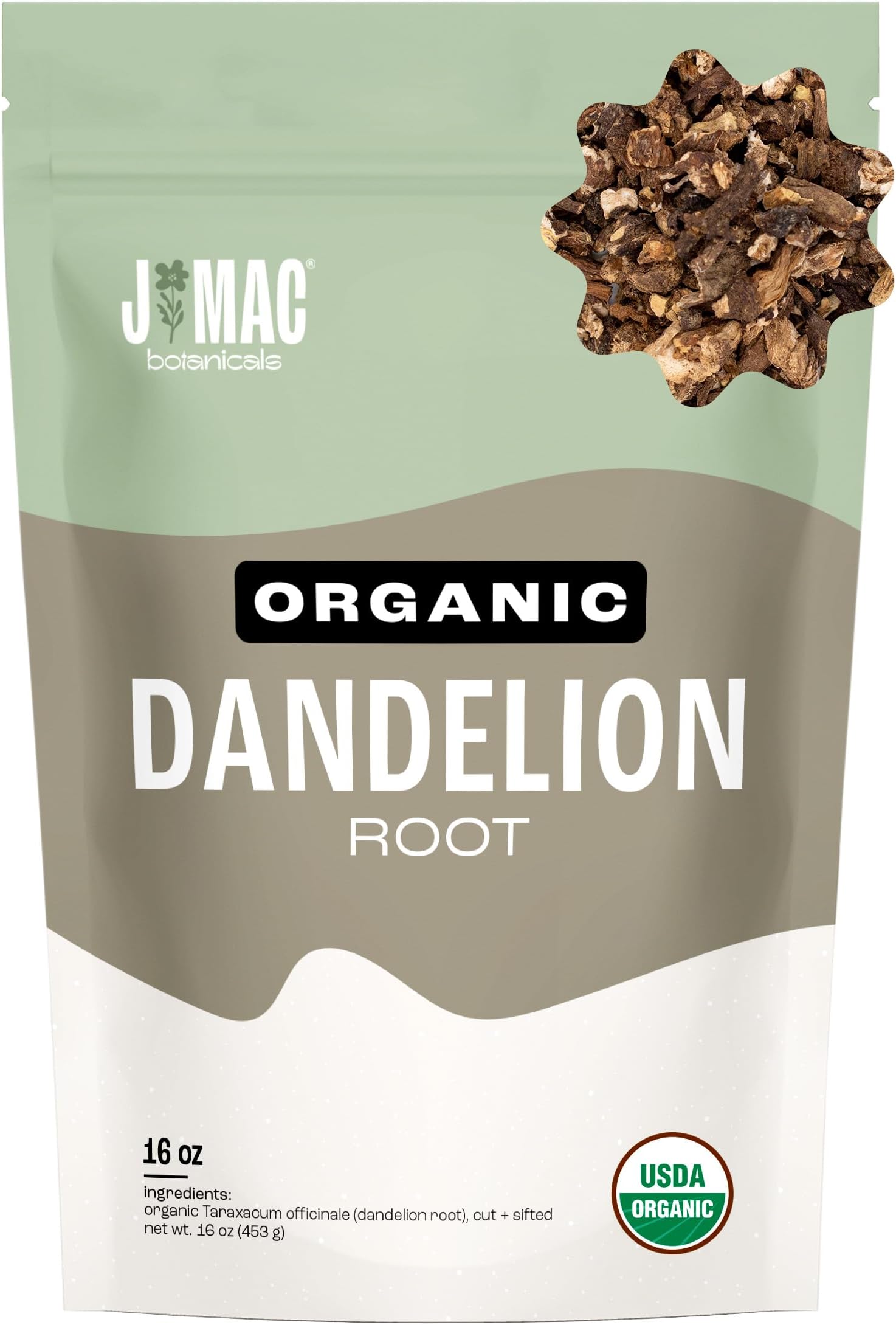 J Mac Botanicals Organic Dandelion Root (16 oz) unroasted, herb for tea and other infusions, Packaged in the USA, Certified USDA Organic