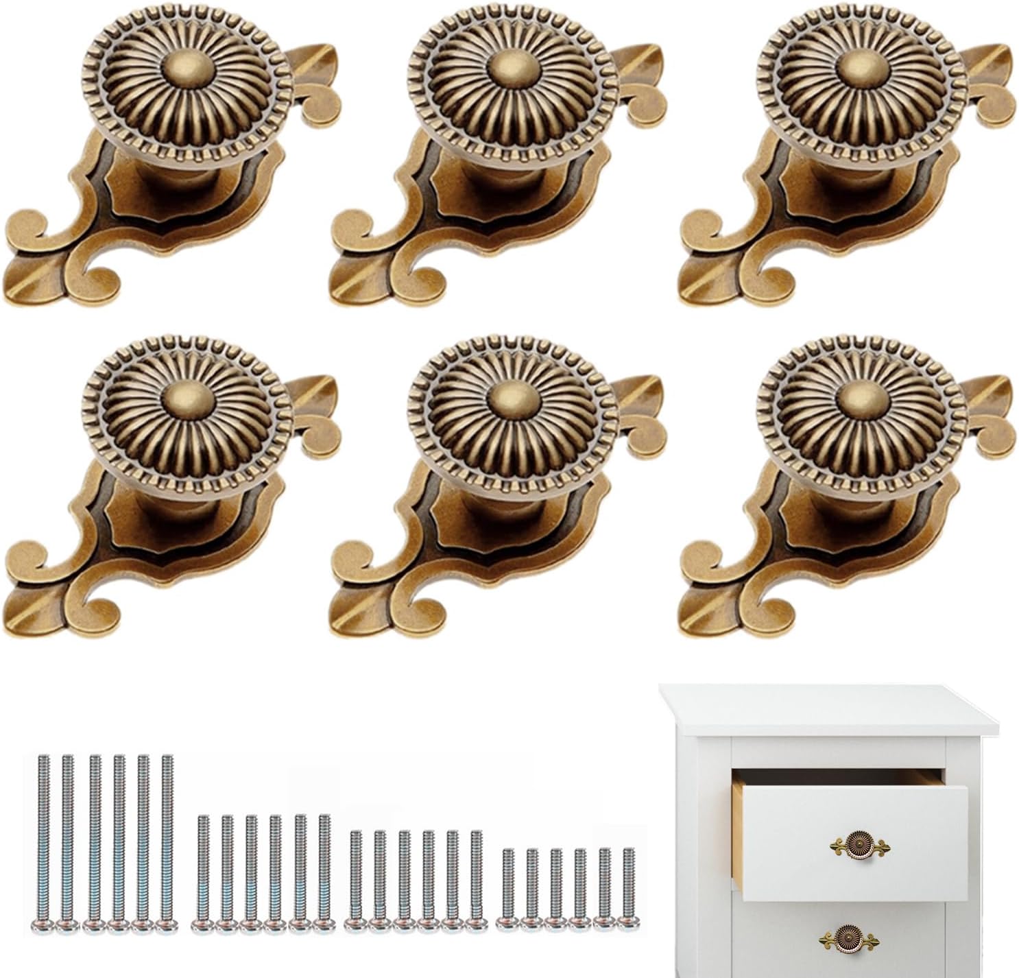 Vintage Style Round Drawer Knobs Dresser Cabinet Cupboard Wardrobe Pull Handles Door Knobs for DIY with Screws, Pack of 6, Golden Antique Brass