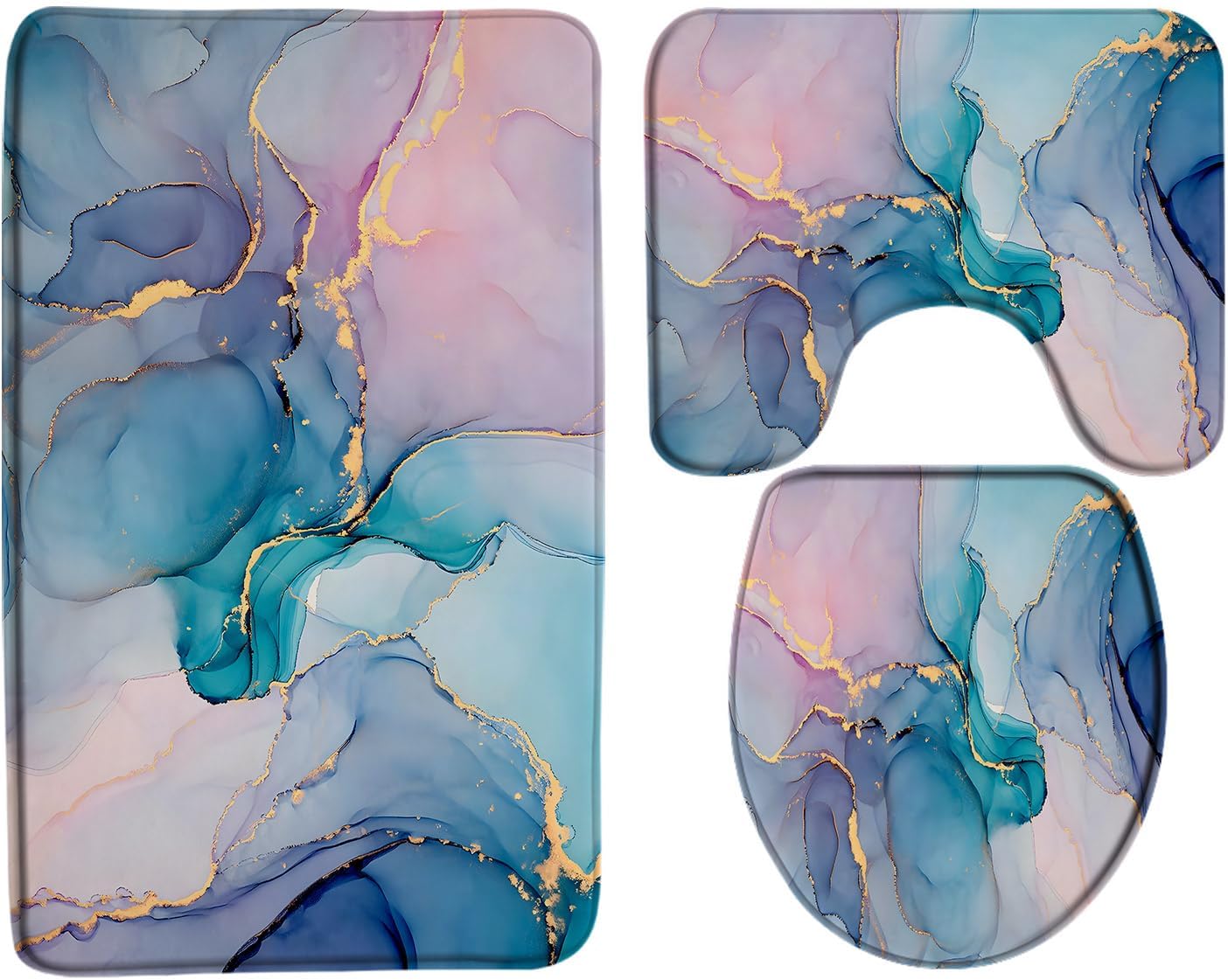 3 Piece Turquoise Teal Pink Marble Bath Mat Set Modern Abstract Blue Marble Texture Gold Stripes Elegant Luxury Bathroom Rug Sets,16"x24"Bath Mat,Toilet Seat Cover,U-Shaped Toilet Rug