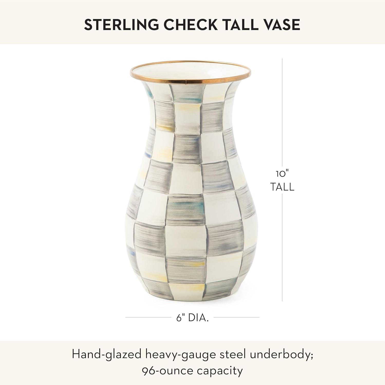 MACKENZIE-CHILDS Tall Enamel Vase, Unique Flower-Vase Decor for Living Room, Gray-and-White Sterling Check