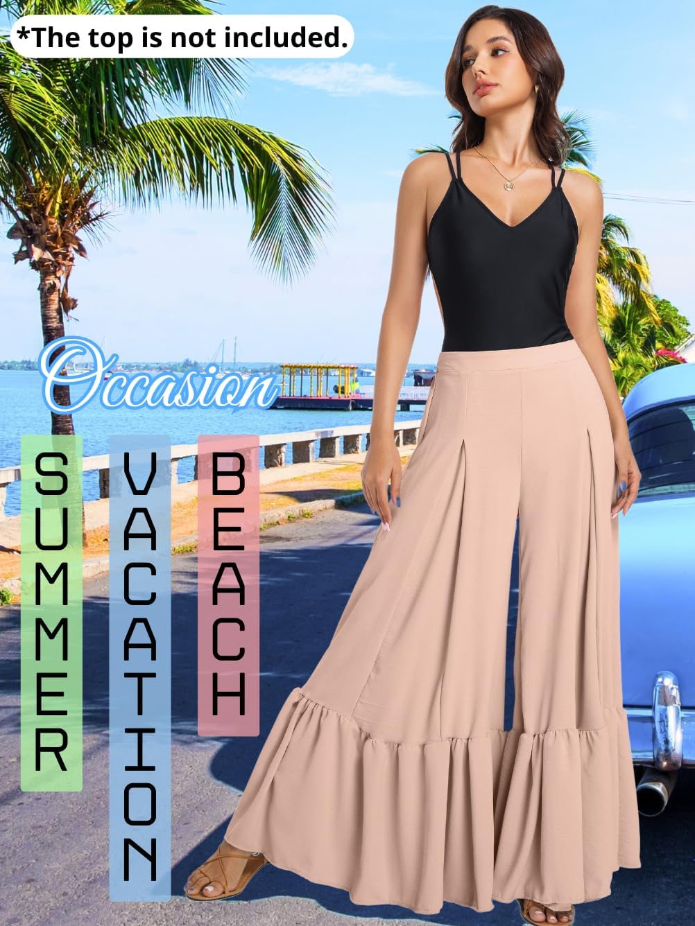 Kaei&Shi Women Casual Palazzo Loose Pants,Flowy Ruffle Wide Leg Baggy Pant Summer - Image 2