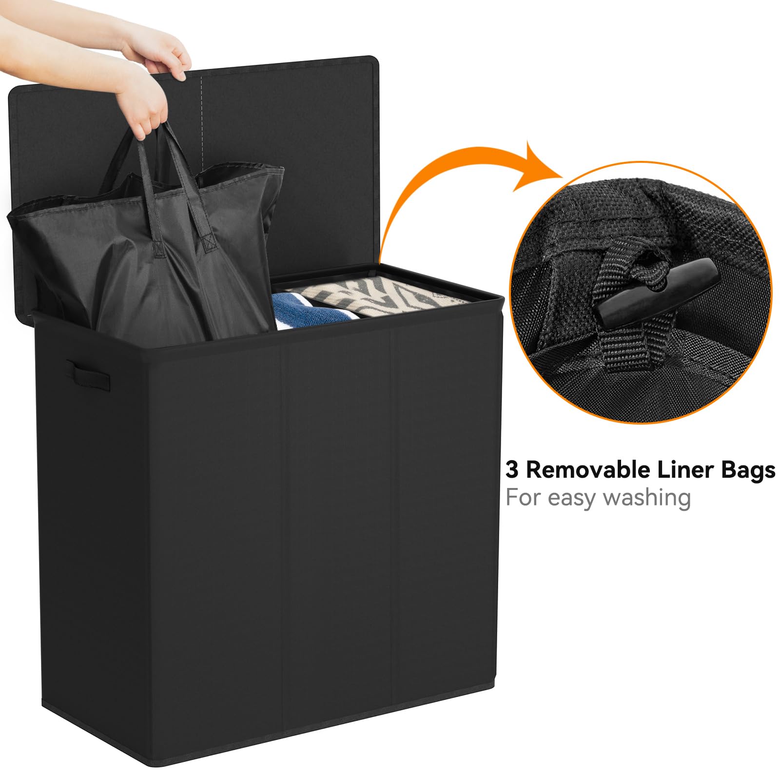 WOWLIVE Wäschekorb mit Deckel, 180 l, 3 Fächer, Groß mit Abnehmbaren Taschen und Griffen, Zusammenklappbar, für Schmutzige Wäsche, Organizer für Waschküche
