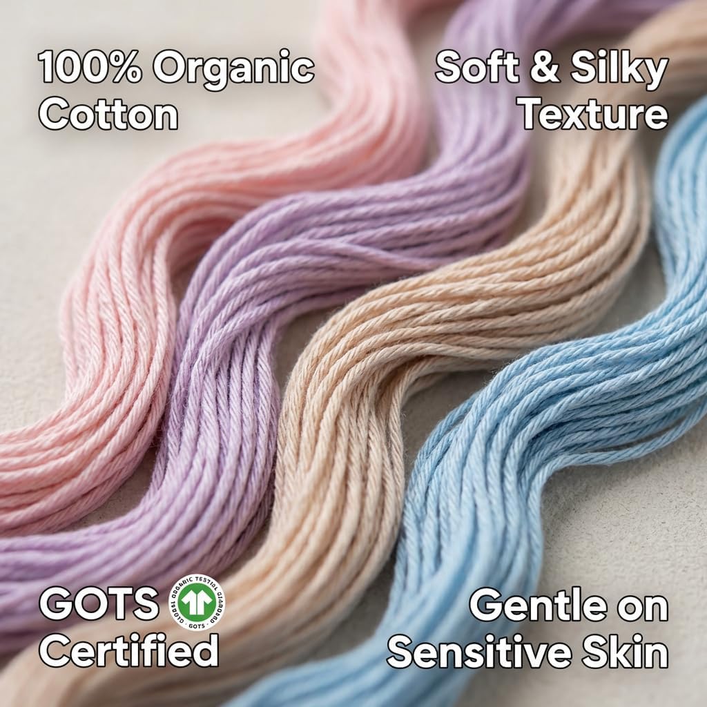 About Strings 100% GOTS Organic Cotton Yarn - 9 Pastel Colors Box Set, Split-Resistant True DK Weight, Machine Washable, Baby Safe, 963m Total (50g x 9 Balls) for Crochet Knitting (Pastel)