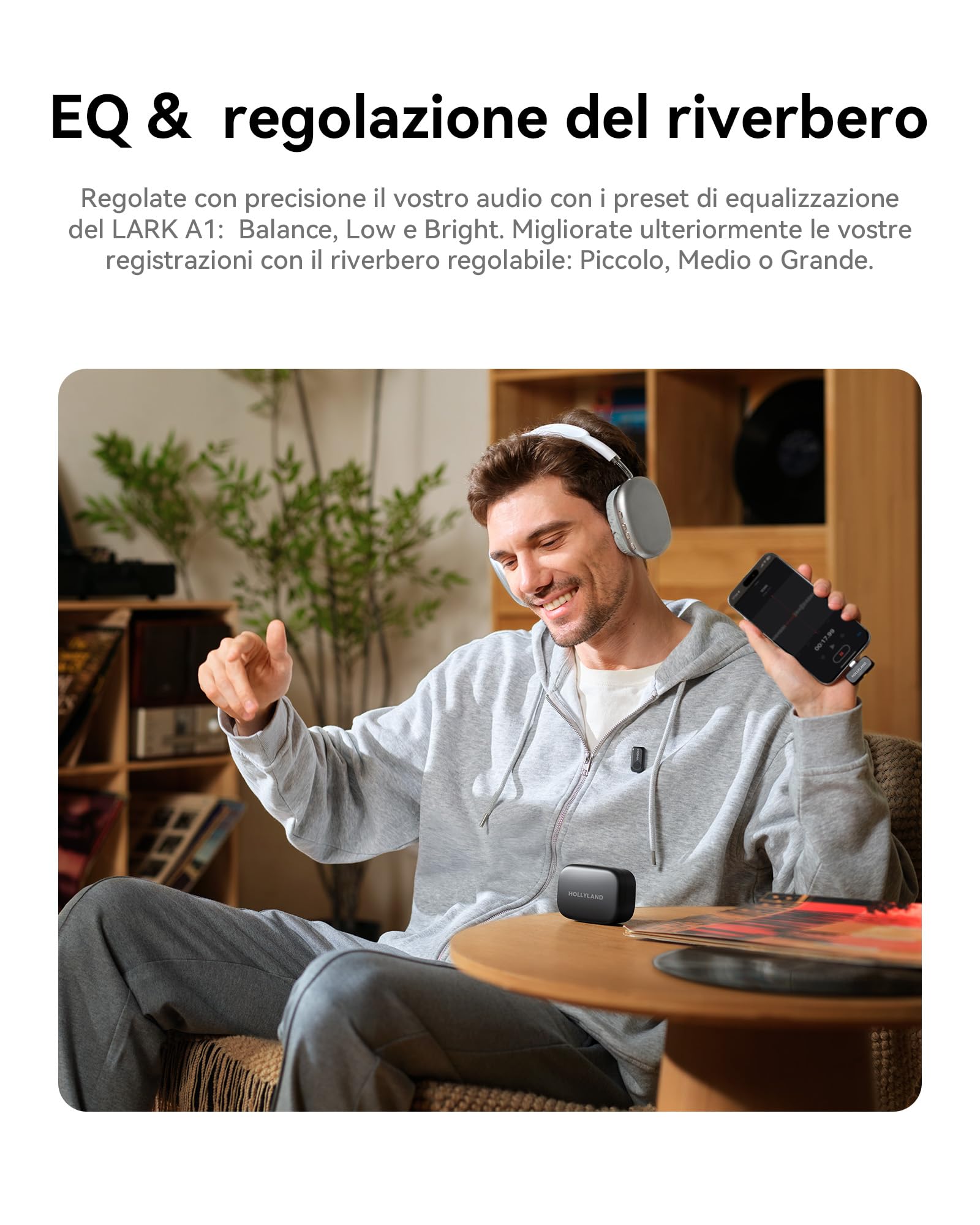 Hollyland LARK A1 Duo Mini microfono wireless per iPhone 15/16 Android 2 TX RX USB-C custodia di ricarica Nero