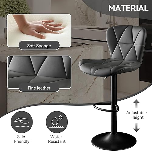 Miniatura 3 de Juego de 2 taburetes de bar, taburetes de bar giratorios ajustables, sillas de bar de piel sintética, altura de encimera tapizada con respaldo alto