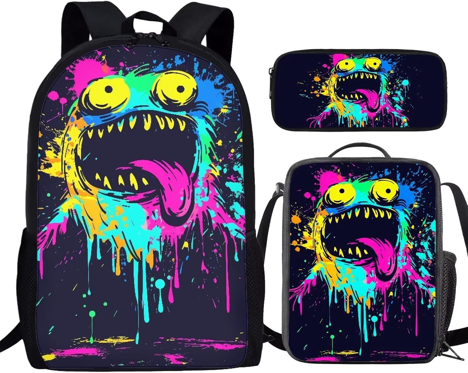 Bulopur Watercolor Monster Printed Boy Girl Bag Set 3 In 1, Including Waterproof Student Backpack Lunch Box Handbag Pen Case Purse for School