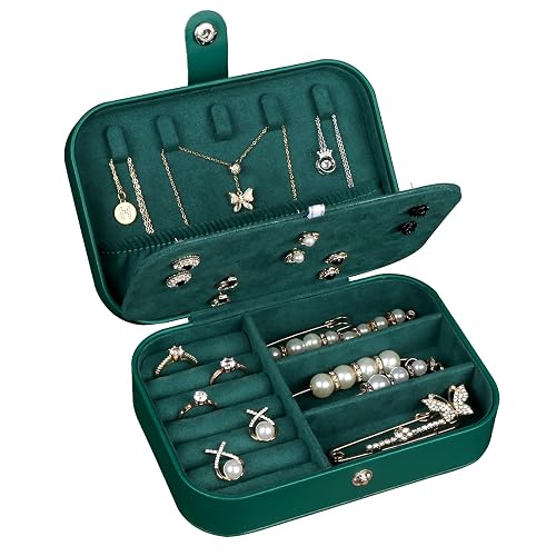 Hatori Travel Jewelry Box, PU Leather Small Jewelry Organizer for Women Girls, Double Layer Portable Mini Travel Case Display Storage Holder Boxes for Stud Earrings, Rings (Ink Green)