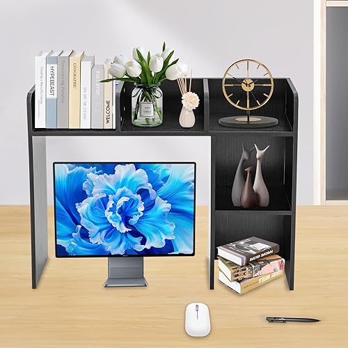 Miniatura 2 de Goudergo Organizador de escritorio de madera, estante de escritorio de oficina negro, estante de escritorio de esquinas redondas, estante de