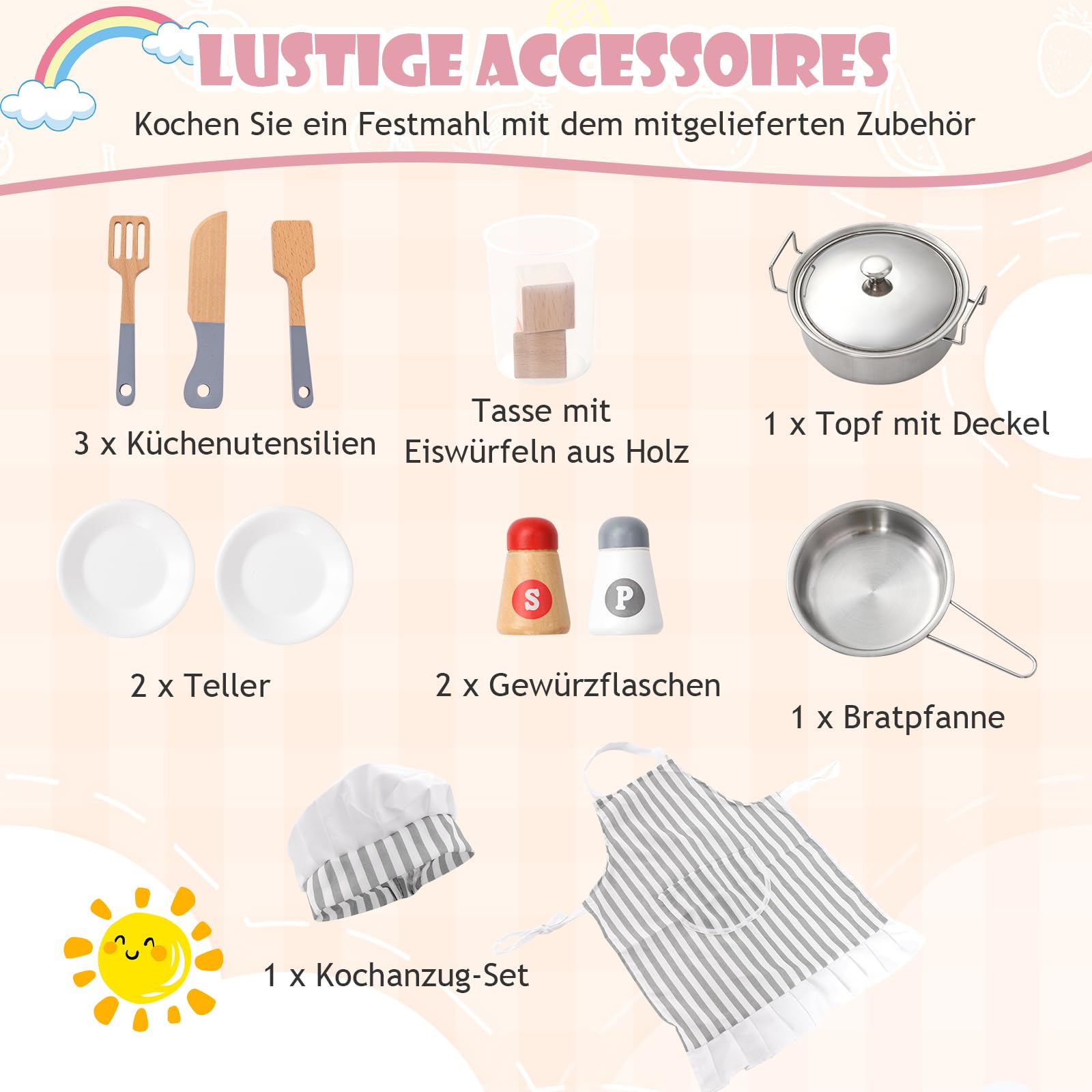 DREAMADE Kinderküche mit Licht und Sound, Kinder Küche Eckküche aus Holz mit Herd Spüle Backofen Waschmaschiene, Spielküche mit 14 TLG. Spielzubehör für Kinder ab 3 Jahren (Rosa)