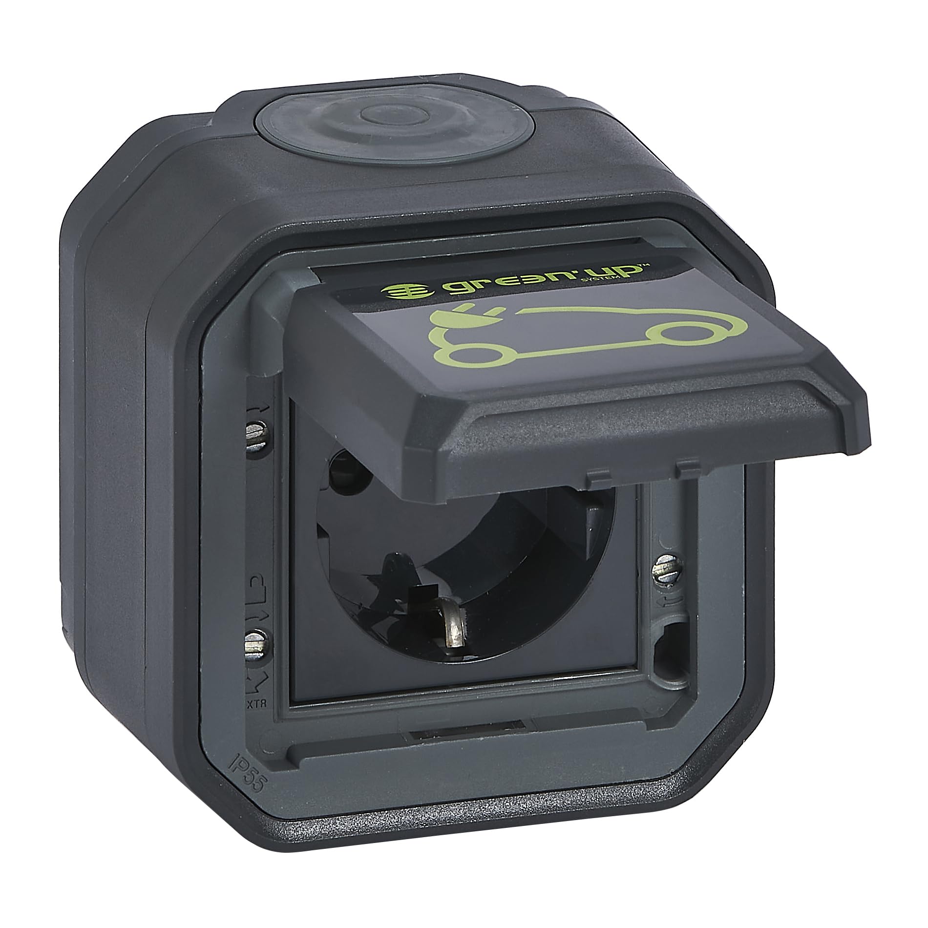 LEGRAND, Plexo New Feuchtraum-AP-EV-Steckdose, Aufladen von Elektrofahrzeugen, IP55 - IK08, 230V, 16A, autom. Anschlüsse, Schuko-Standard, integr. Klappdeckel E-Auto-Markierung, Anthrazit, 069708L