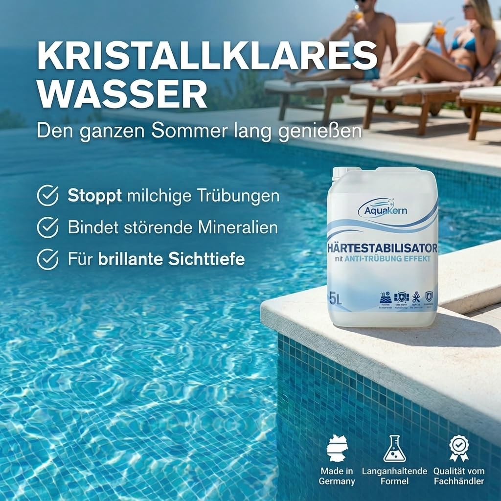 Härtestabilisator 5L & Algenvernichter Power 5L [entfernt Kalkablagerungen & Algen im Pool] mit Aqua KLAR KOMPLEX | Schützt die Pooltechnik | bindet Calcium & Metallionen | Made in Germany