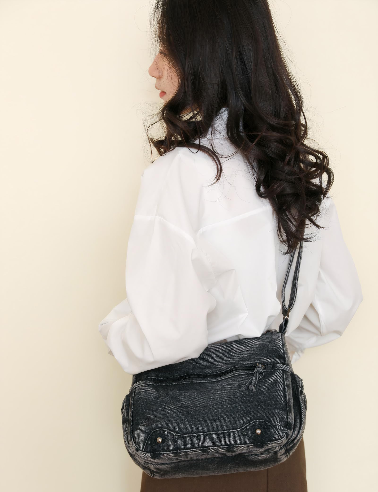 Borsa a tracolla in denim vintage da donna, tracolla regolabile, borsa a tracolla blu casual