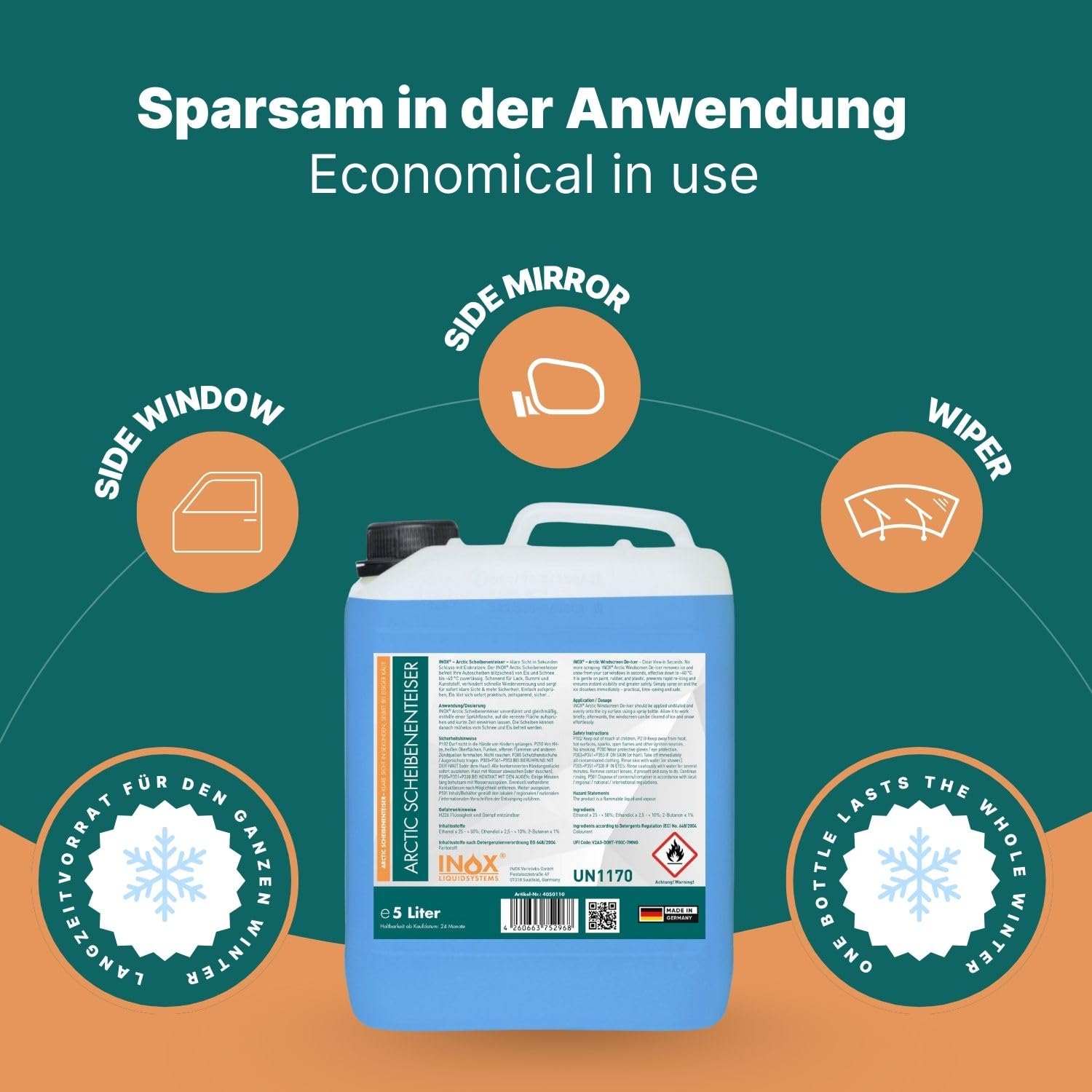 INOX® - Schnell wirkender Scheibenenteiser 5l + 1L Sprühflasche| Effektiver Scheibenenteiser Nachfüller | Scheiben Enteisen ohne Kratzen | Schlierenfreies Scheibenenteisen | Wirksam bis -40 Grad