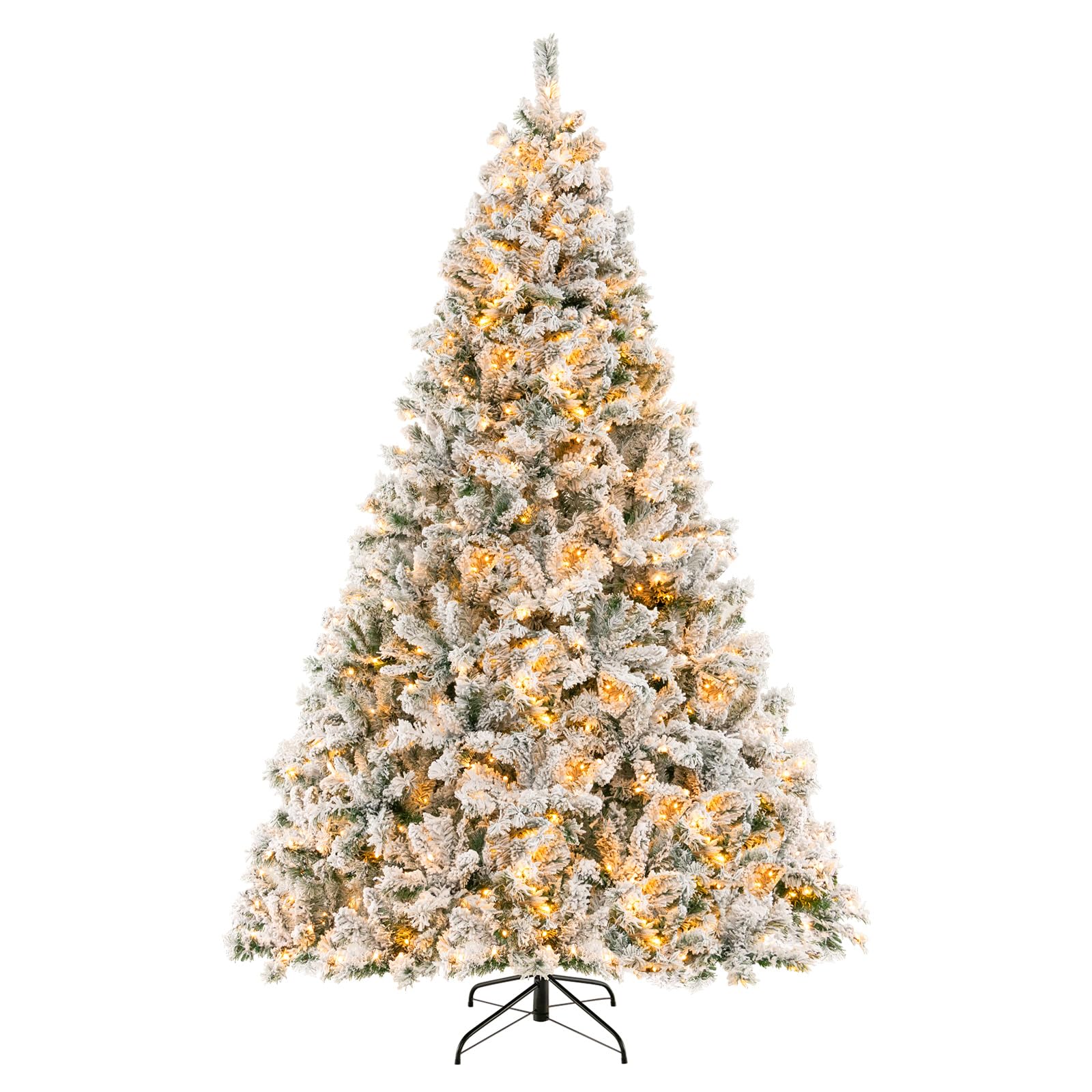 GOFLAME 8FT Pre-Lit Christmas Tree Snow Flocked, Hinged Artificial Xmas Tree with 600 LED Lights, Metal Stand, 3-Minutes Quick Shape Holiday Decoration Tree for Home Office Party
