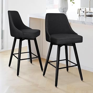 ALFORDSON 26" Counter Height Bar Stools Set of 2, Modern Swivel Barstools with Full Backrest, Breathable Linen Fabric Upholstered Bar Chairs for Kitchen Island, Home Bar, Sturdy Metal Legs, Black