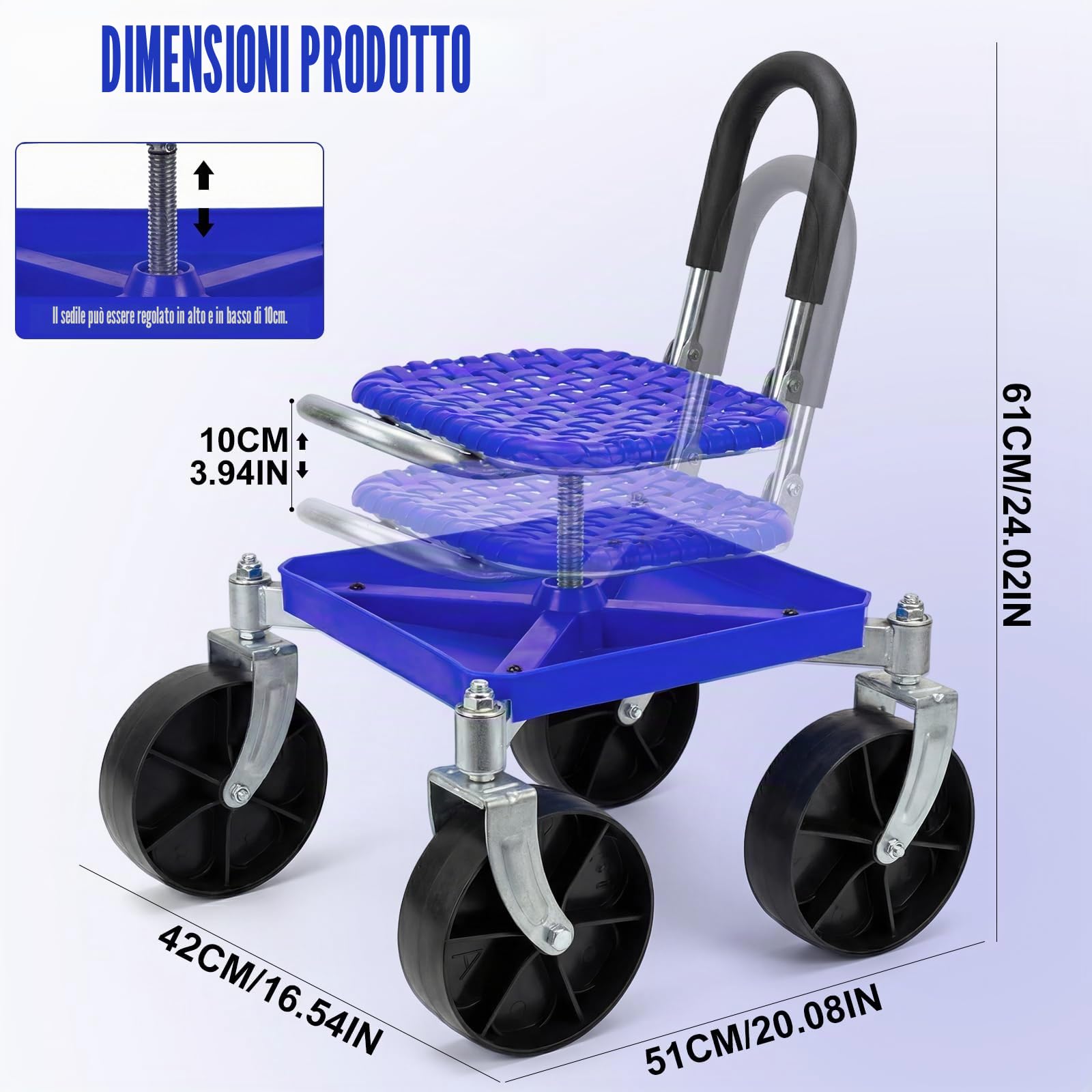 Sgabello da giardino con ruote da 150 kg - Sedile girevole a 360° e ruote, regolabile in altezza da 51-61 cm - Sgabello robusto per giardino e garage con guanti per diserbo, piantare e pulire l'auto