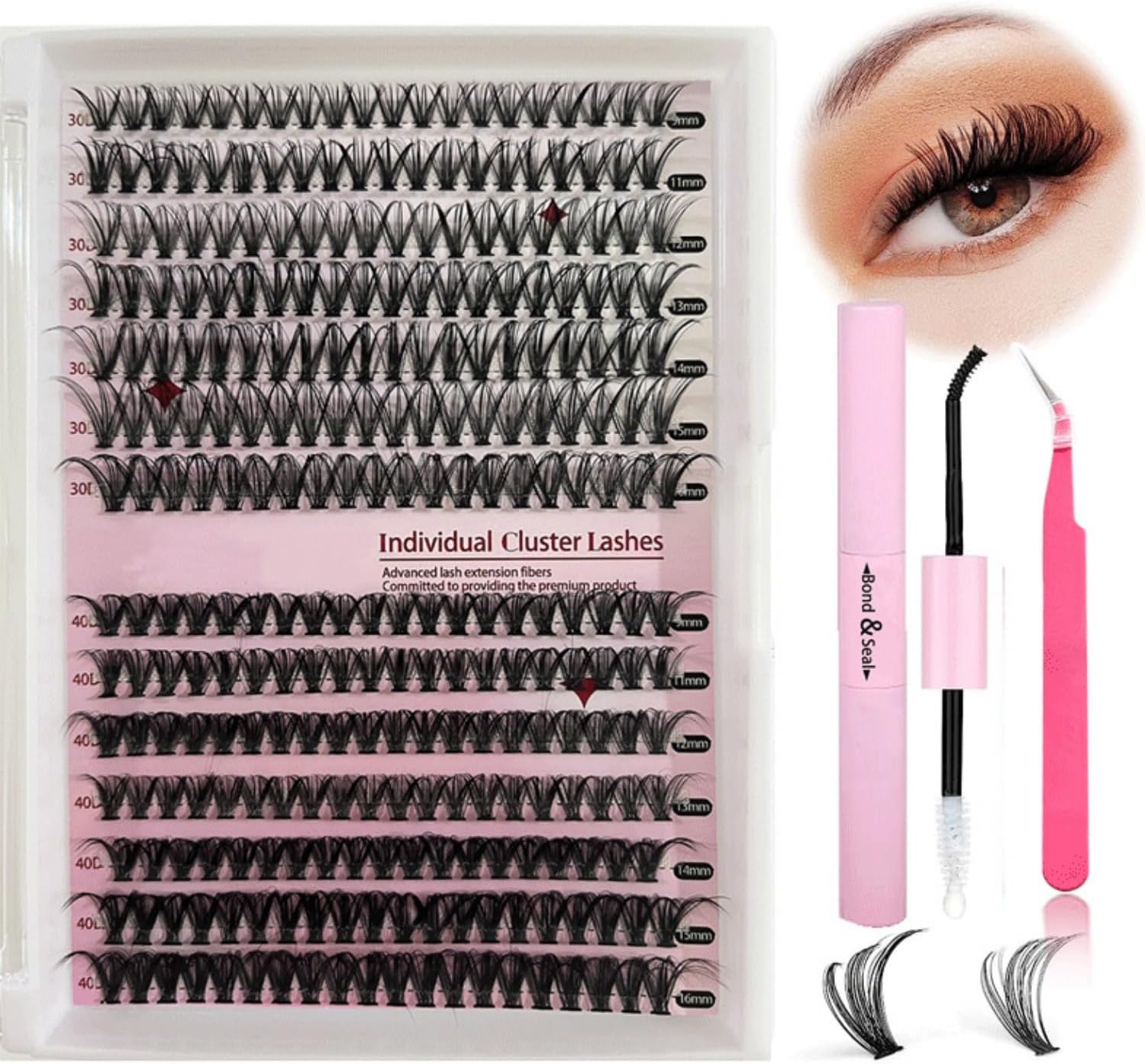 Lash Extension Kit 280 Pcs Individual Cluster Lashes 30D+40D D Curl Mix9-16mm Lash Clusters DIY Individual Lashes with Lash Bond and Seal and Lash Tweezers for Eyelash Extensions