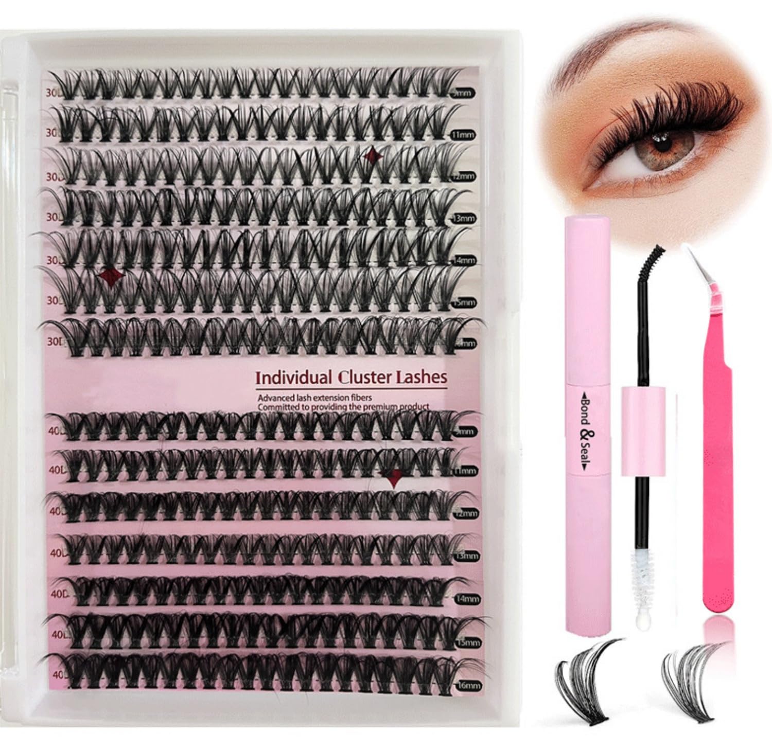 Lash Extension Kit 280 Pcs Individual Cluster Lashes 30D+40D D Curl Mix9-16mm Lash Clusters DIY Individual Lashes with Lash Bond and Seal and Lash Tweezers for Eyelash Extensions