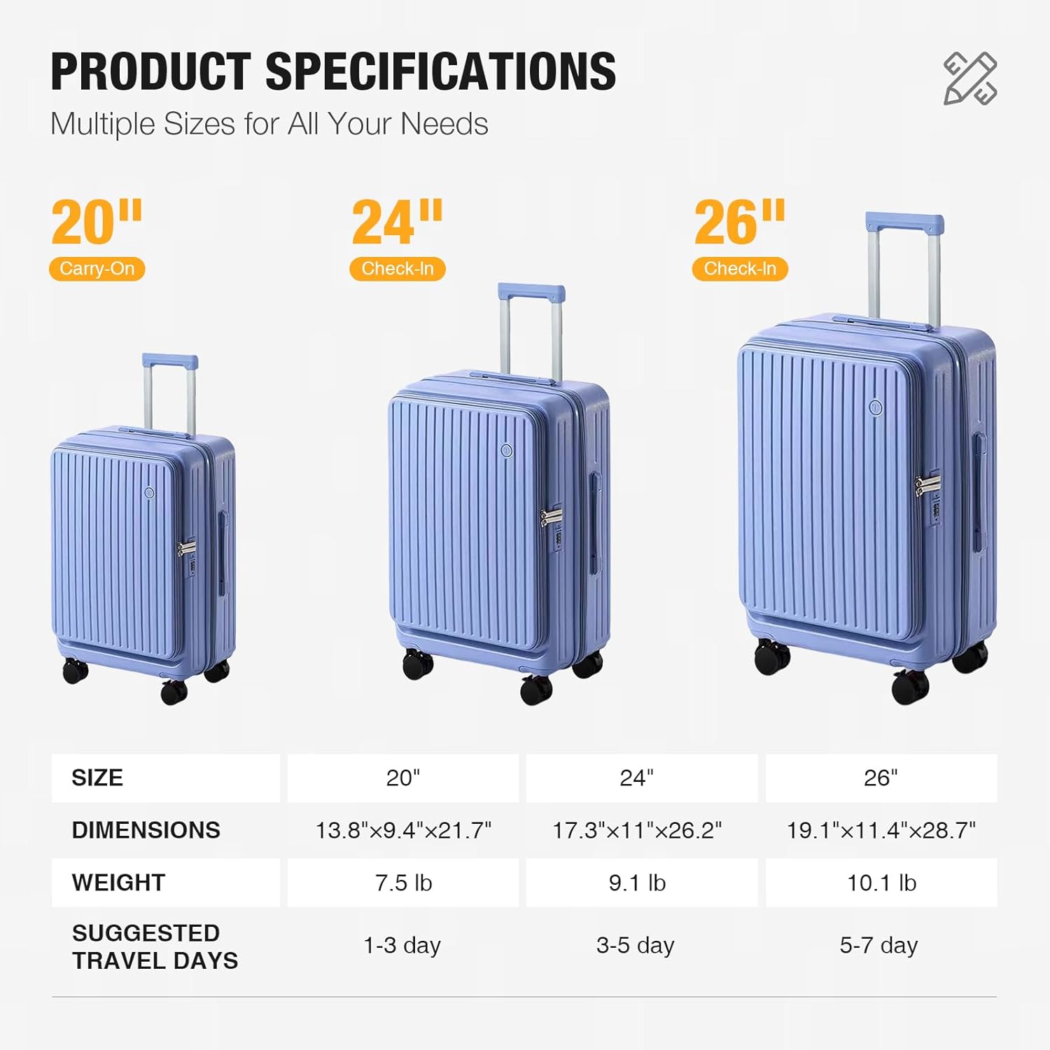 Expandable Hard Shell PC Luggage, TSA Lock, Brake Spinner Wheels, USB-C Port, Phone Stand & Cup Holder, Ideal for Family Travel (Lilac Blue, 24 inches)